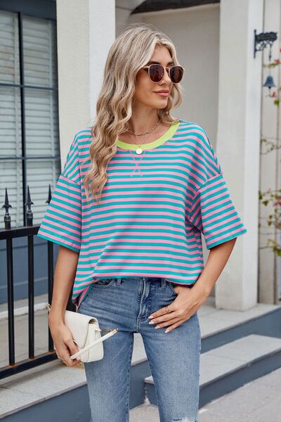 Contrast Striped Round Neck Half Sleeve T-Shirt - Image 6