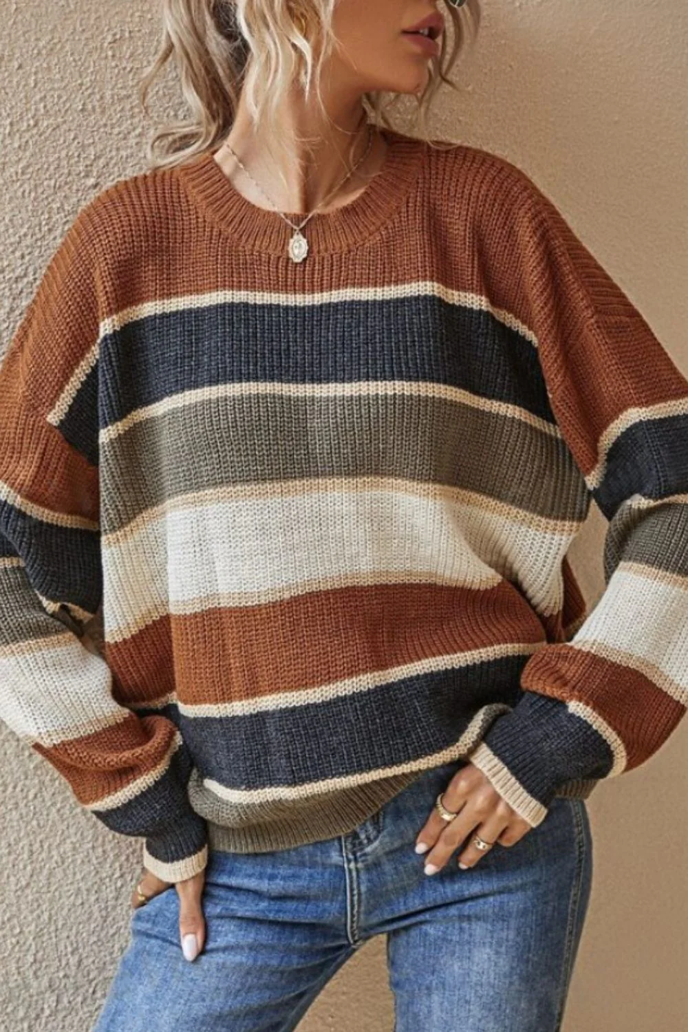 Contrast Striped Round Neck Long Sleeve Sweater - Image 2