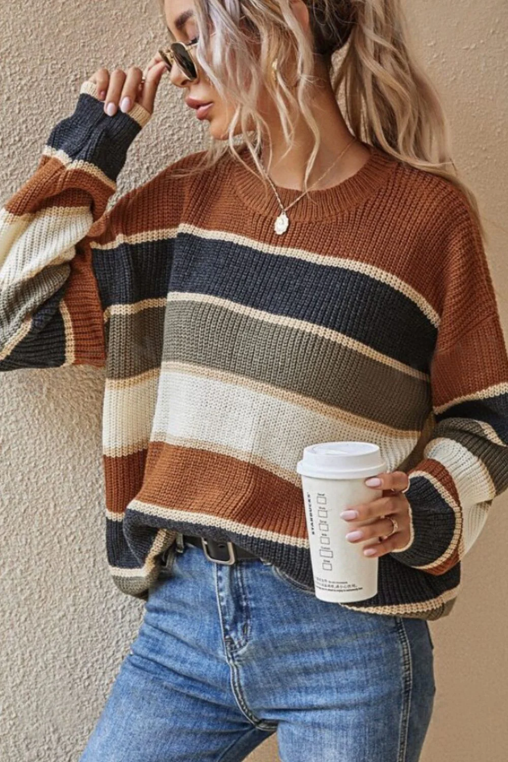 Contrast Striped Round Neck Long Sleeve Sweater - Image 3