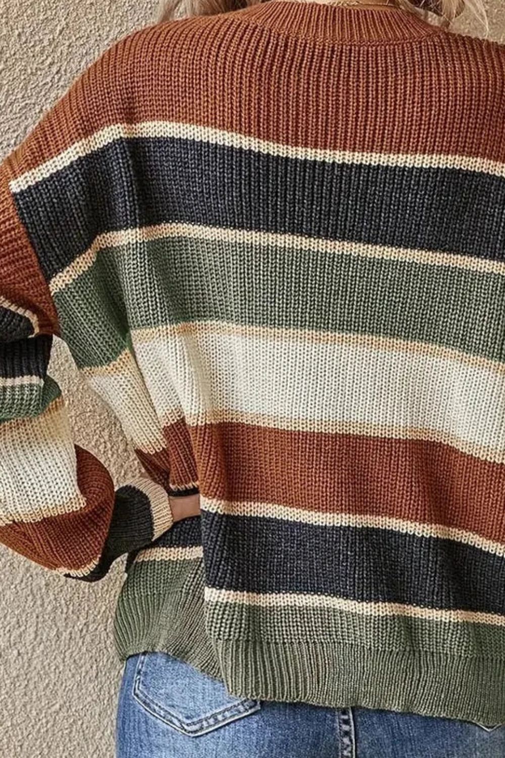 Contrast Striped Round Neck Long Sleeve Sweater - Image 4