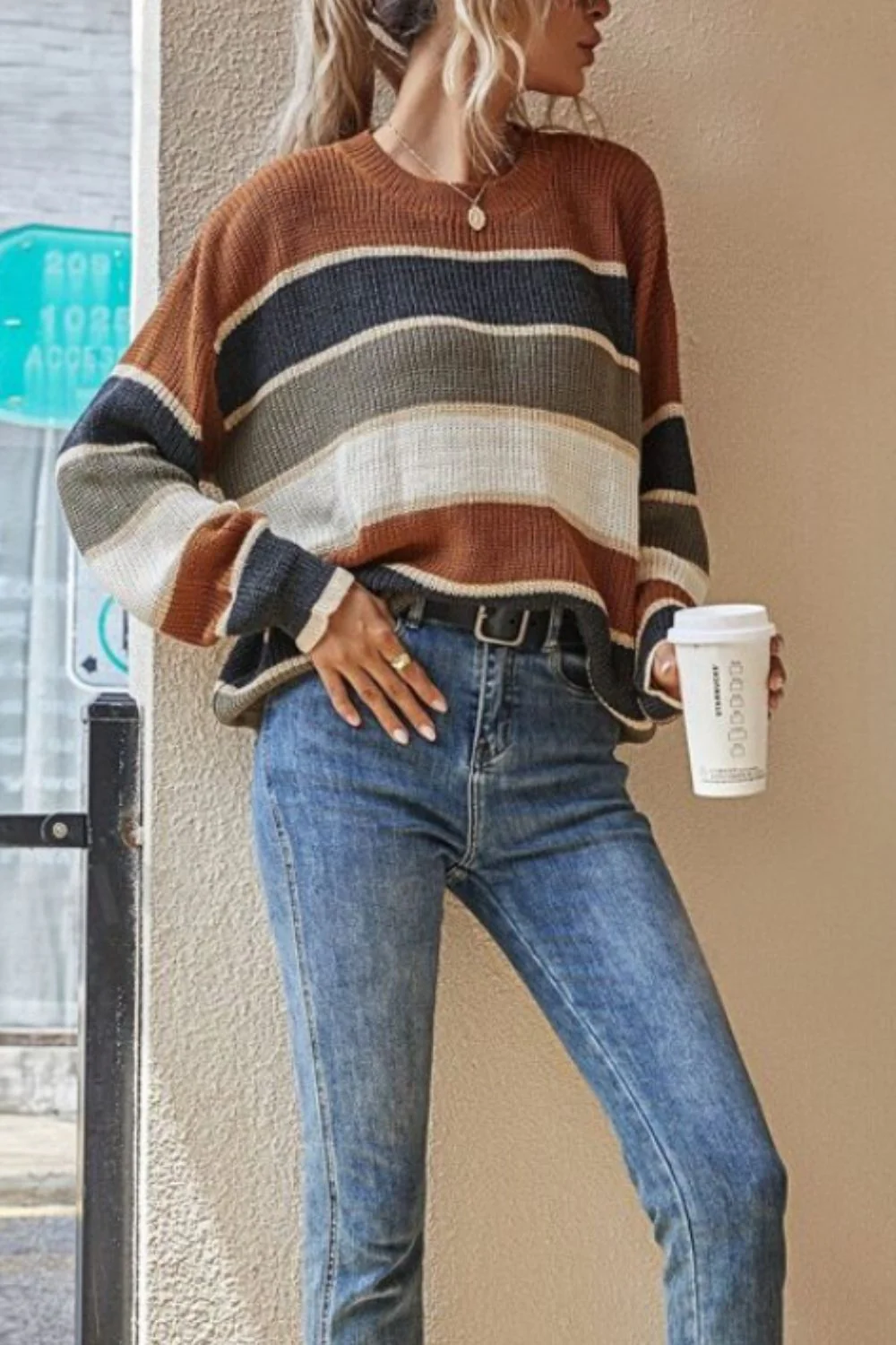 Contrast Striped Round Neck Long Sleeve Sweater - Image 5