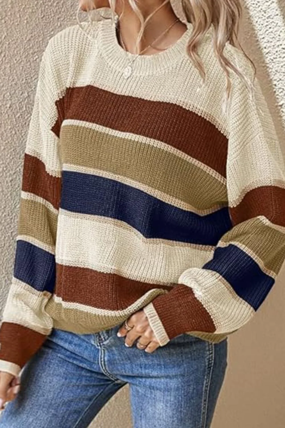 Contrast Striped Round Neck Long Sleeve Sweater - Image 6