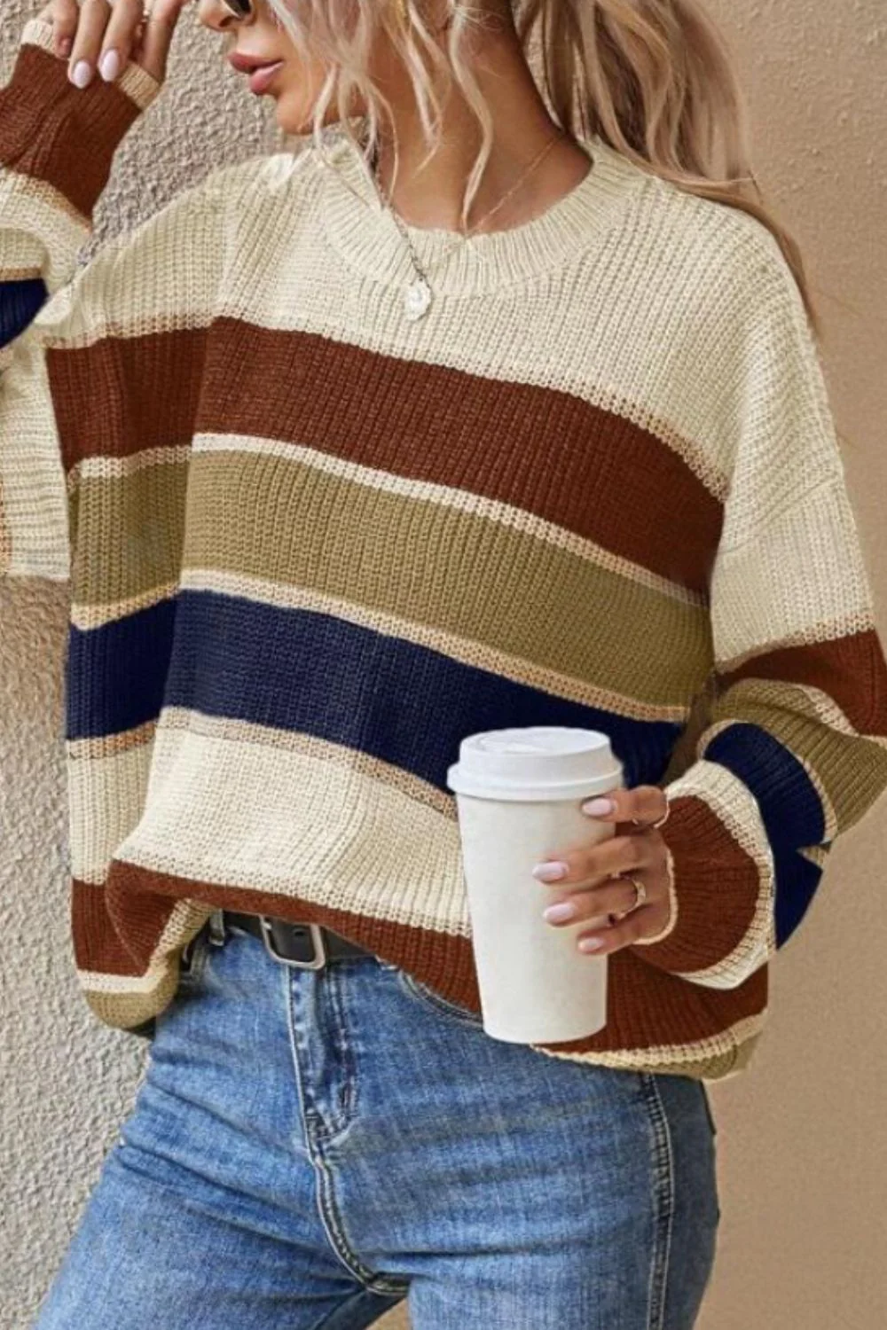 Contrast Striped Round Neck Long Sleeve Sweater - Image 7
