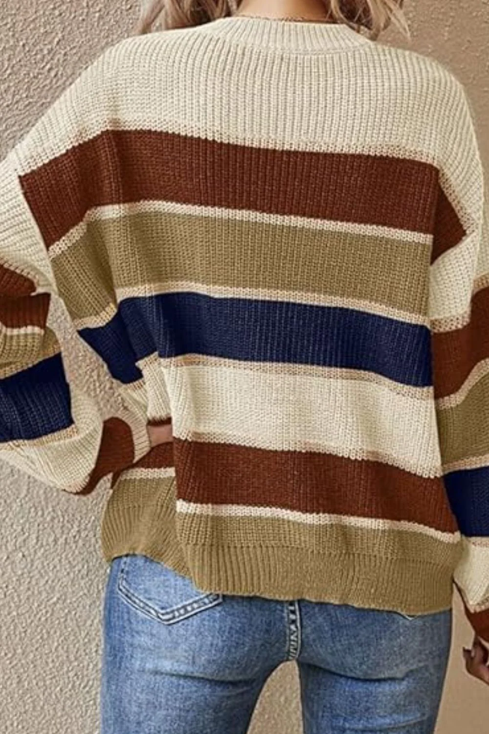 Contrast Striped Round Neck Long Sleeve Sweater - Image 8