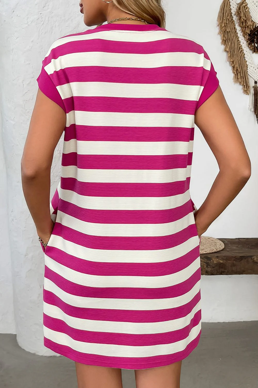 Contrast Striped Round Neck Short Sleeve Mini Dress - Image 25