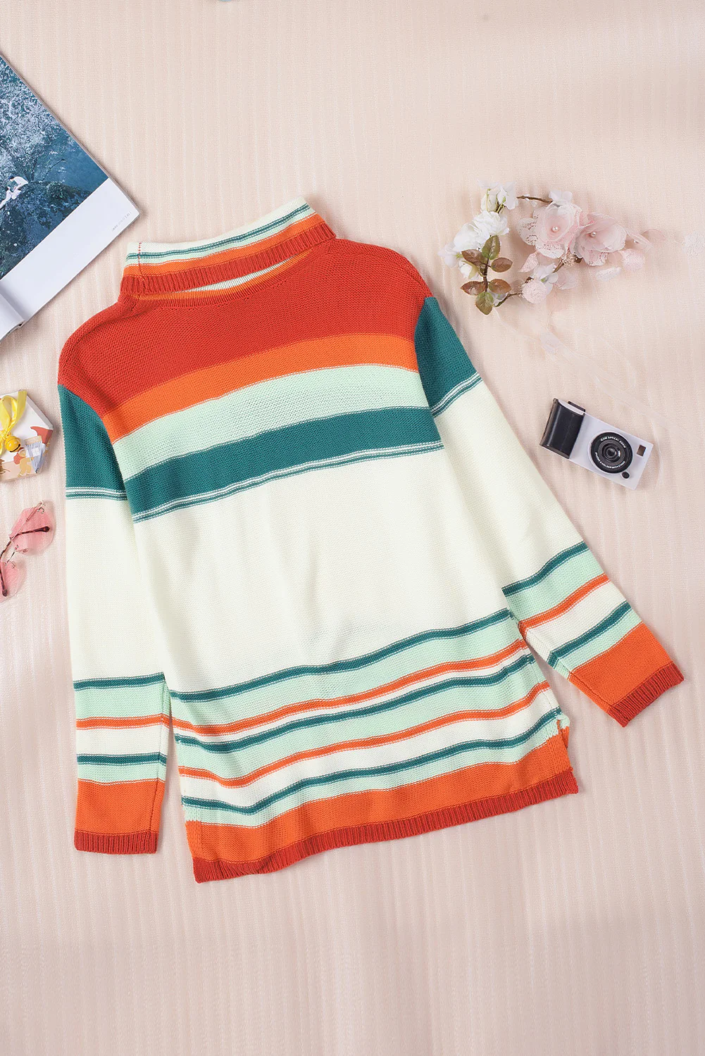 Contrast Striped Turtleneck Dropped Shoulder Sweater - Image 12