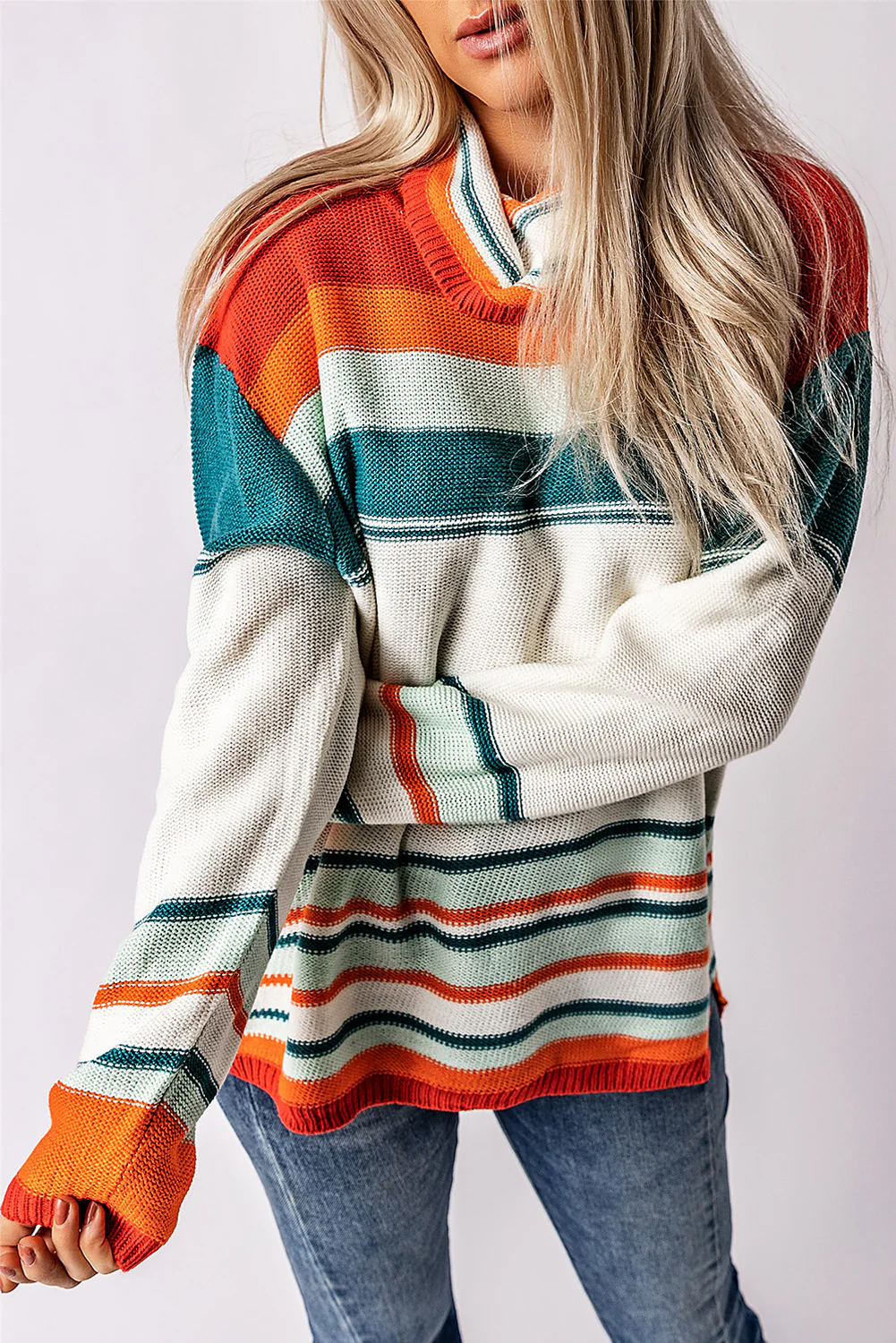 Contrast Striped Turtleneck Dropped Shoulder Sweater - Image 2