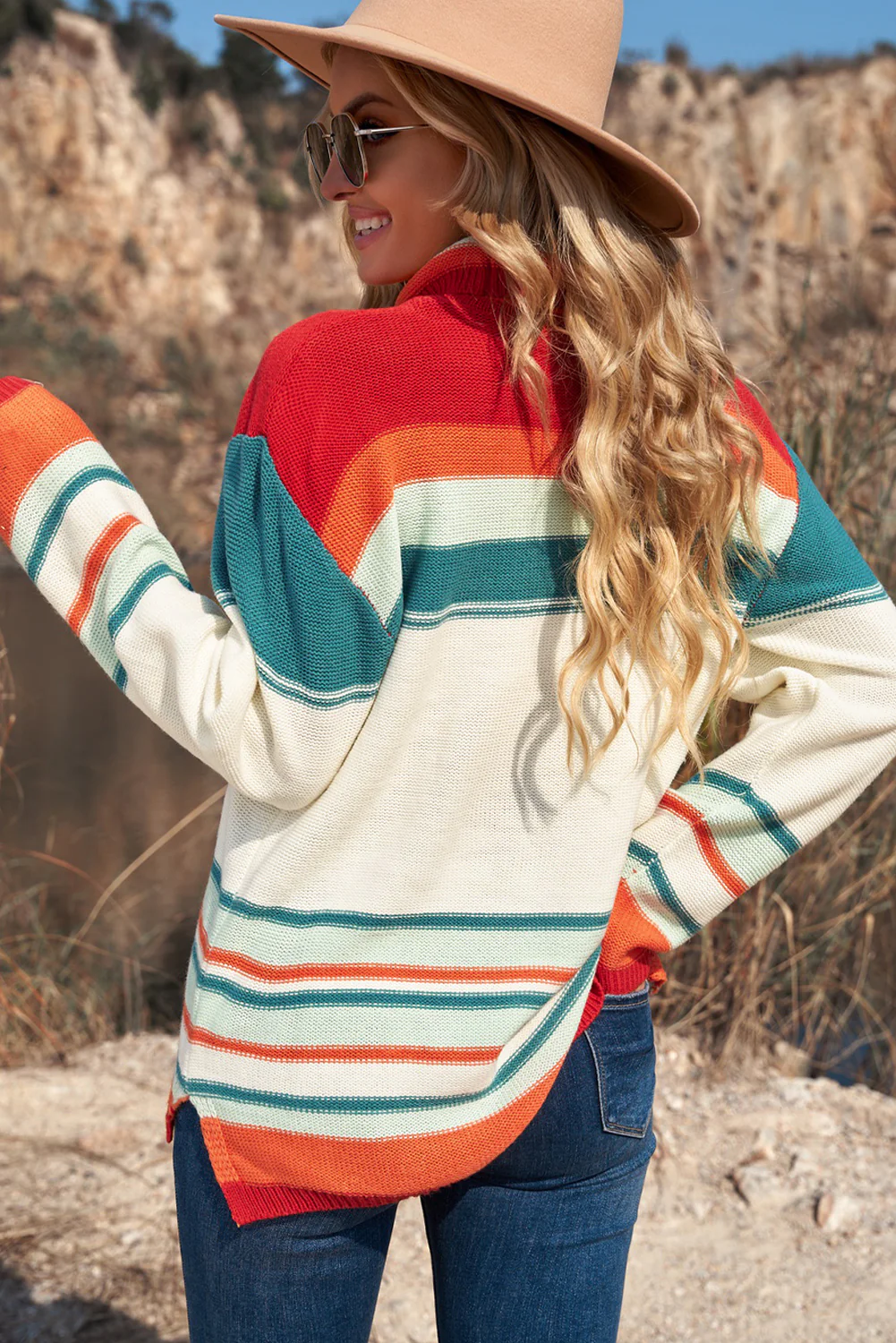 Contrast Striped Turtleneck Dropped Shoulder Sweater - Image 8