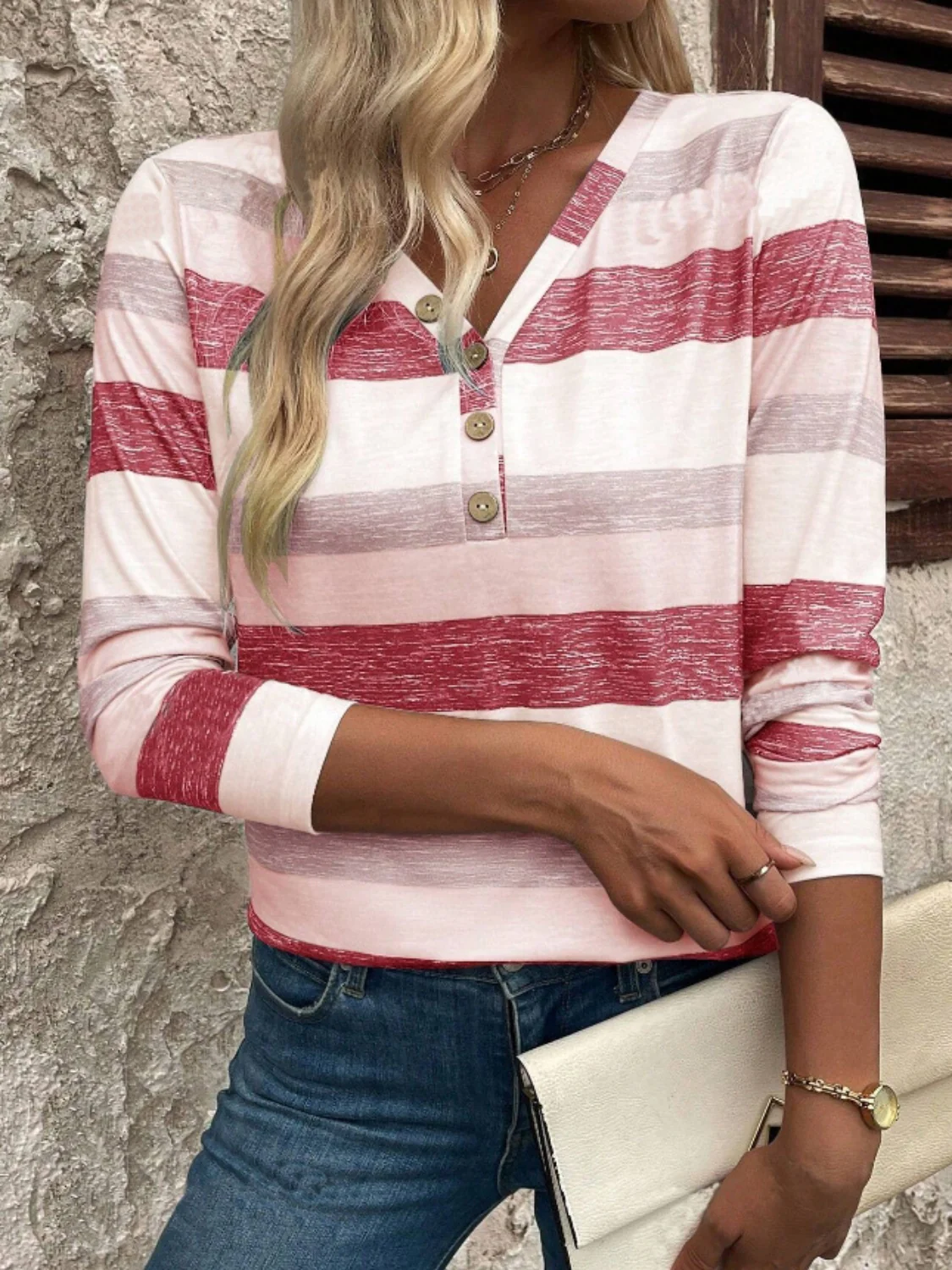 Contrast Striped V-Neck Long Sleeve T-Shirt - Image 2