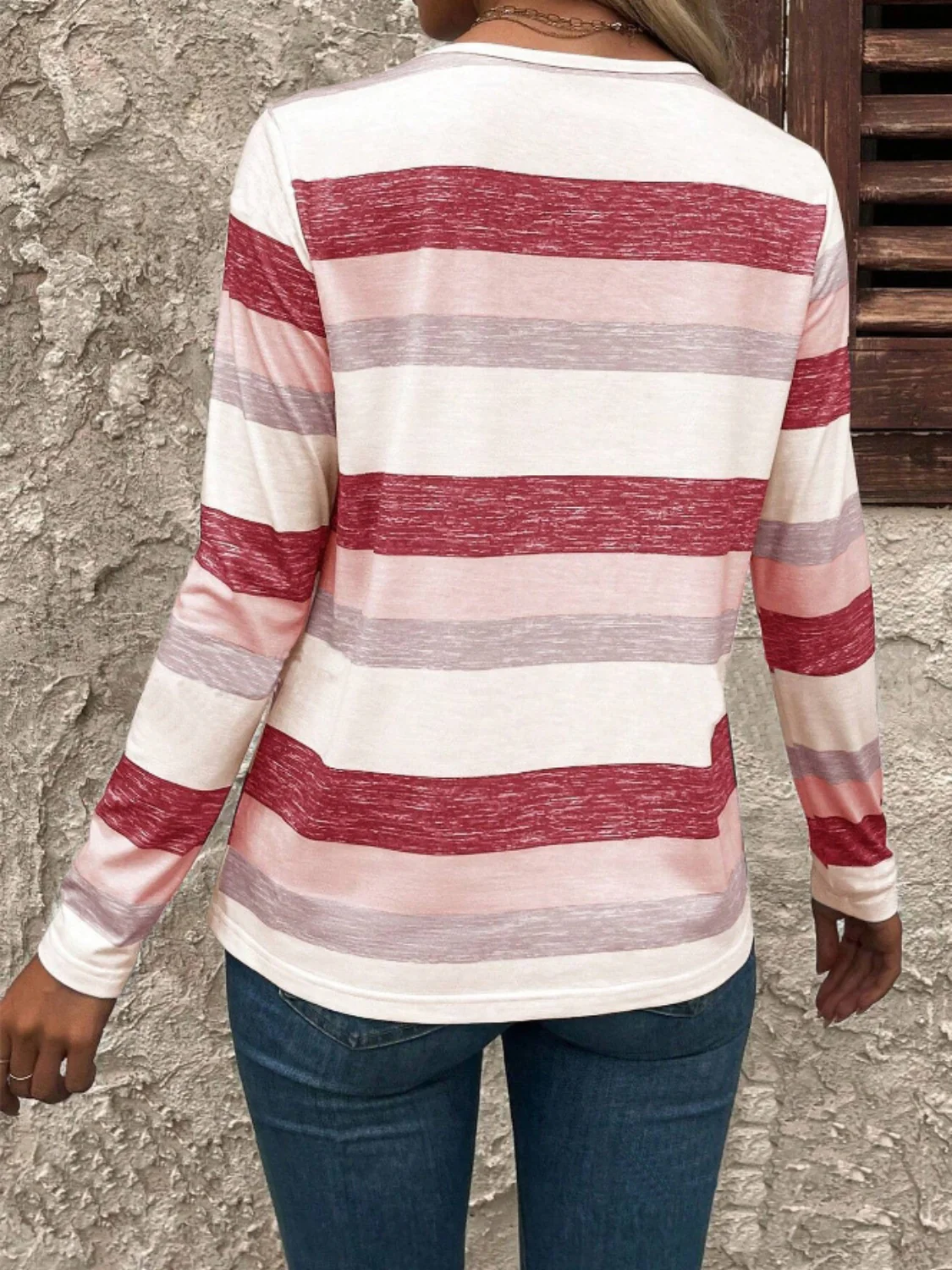 Contrast Striped V-Neck Long Sleeve T-Shirt - Image 3