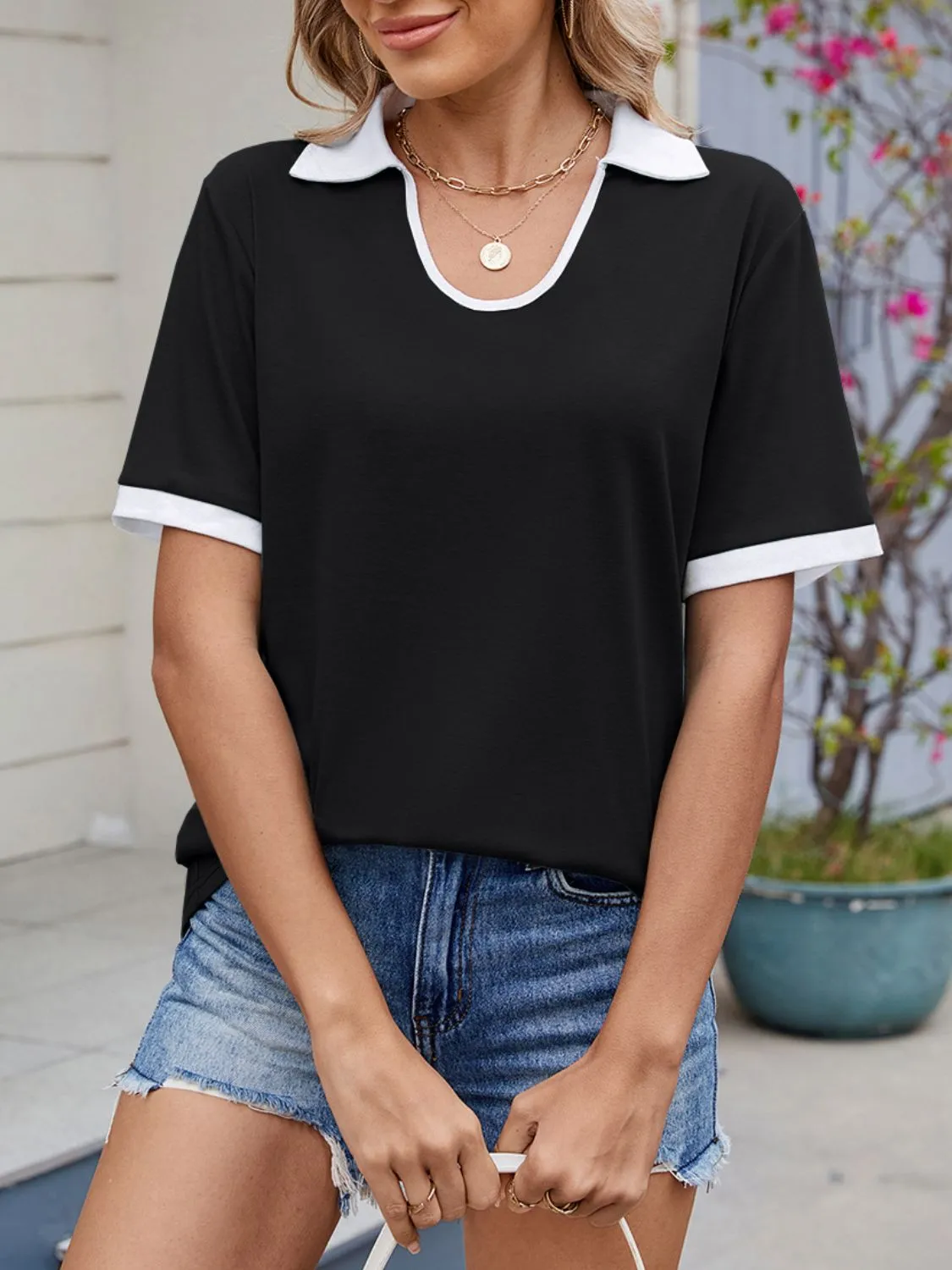 Contrast Trim Collar Short Sleeve Casual T-Shirt - Image 10