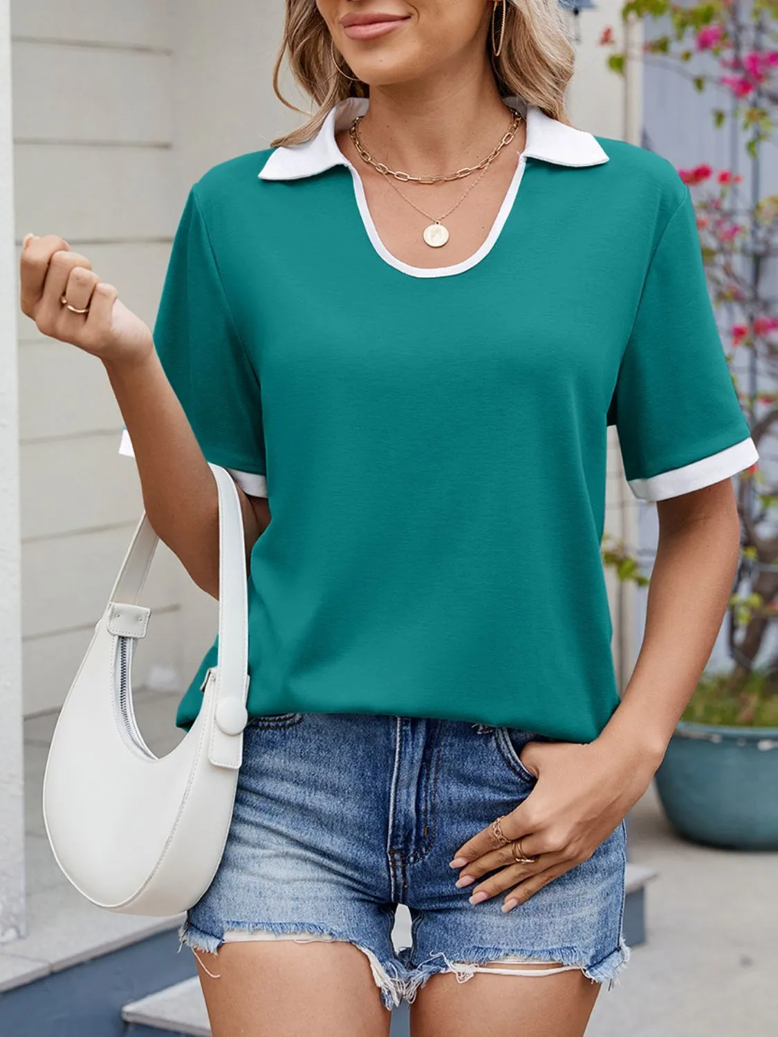 Contrast Trim Collar Short Sleeve Casual T-Shirt - Image 23
