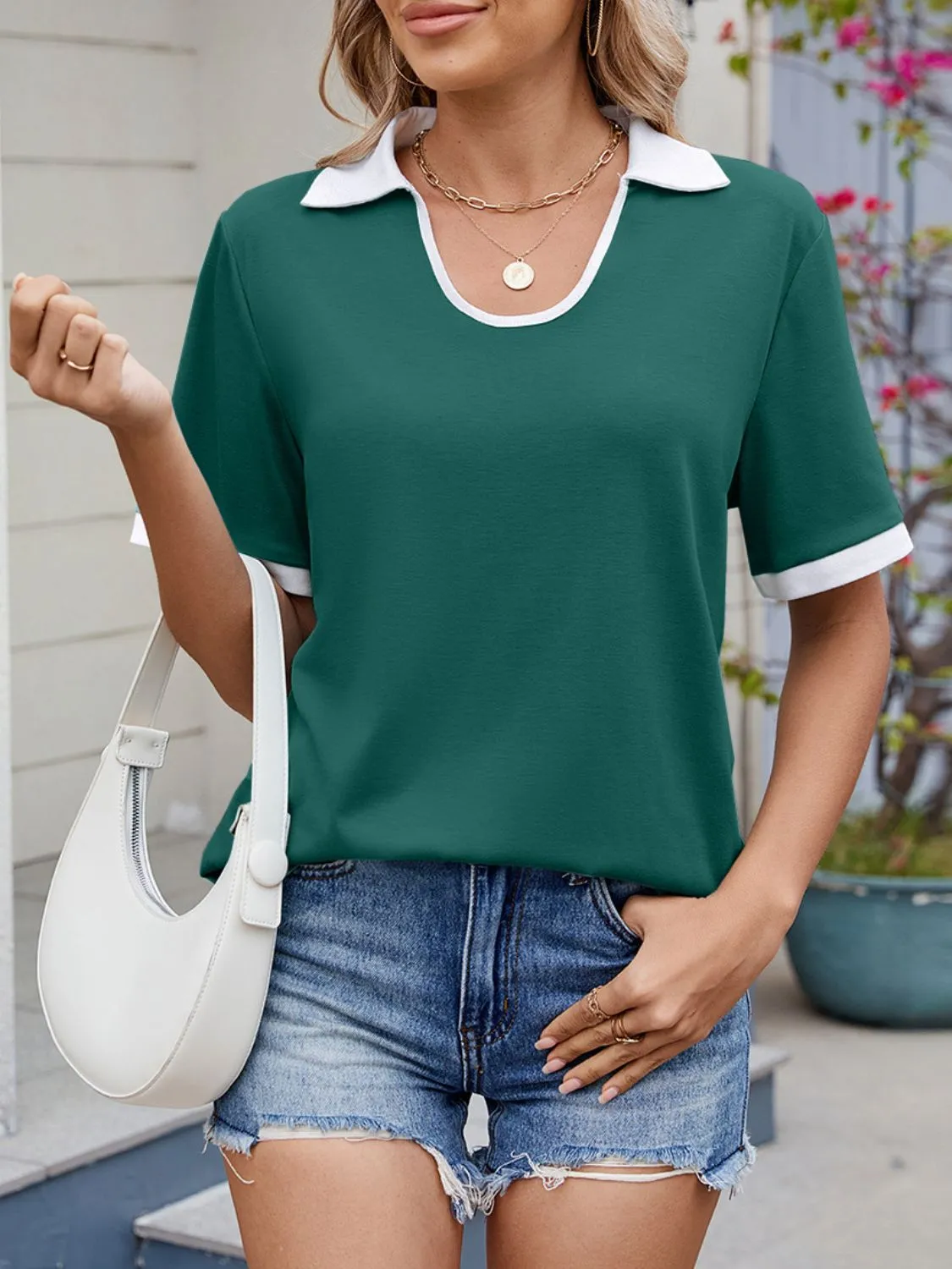 Contrast Trim Collar Short Sleeve Casual T-Shirt - Image 6