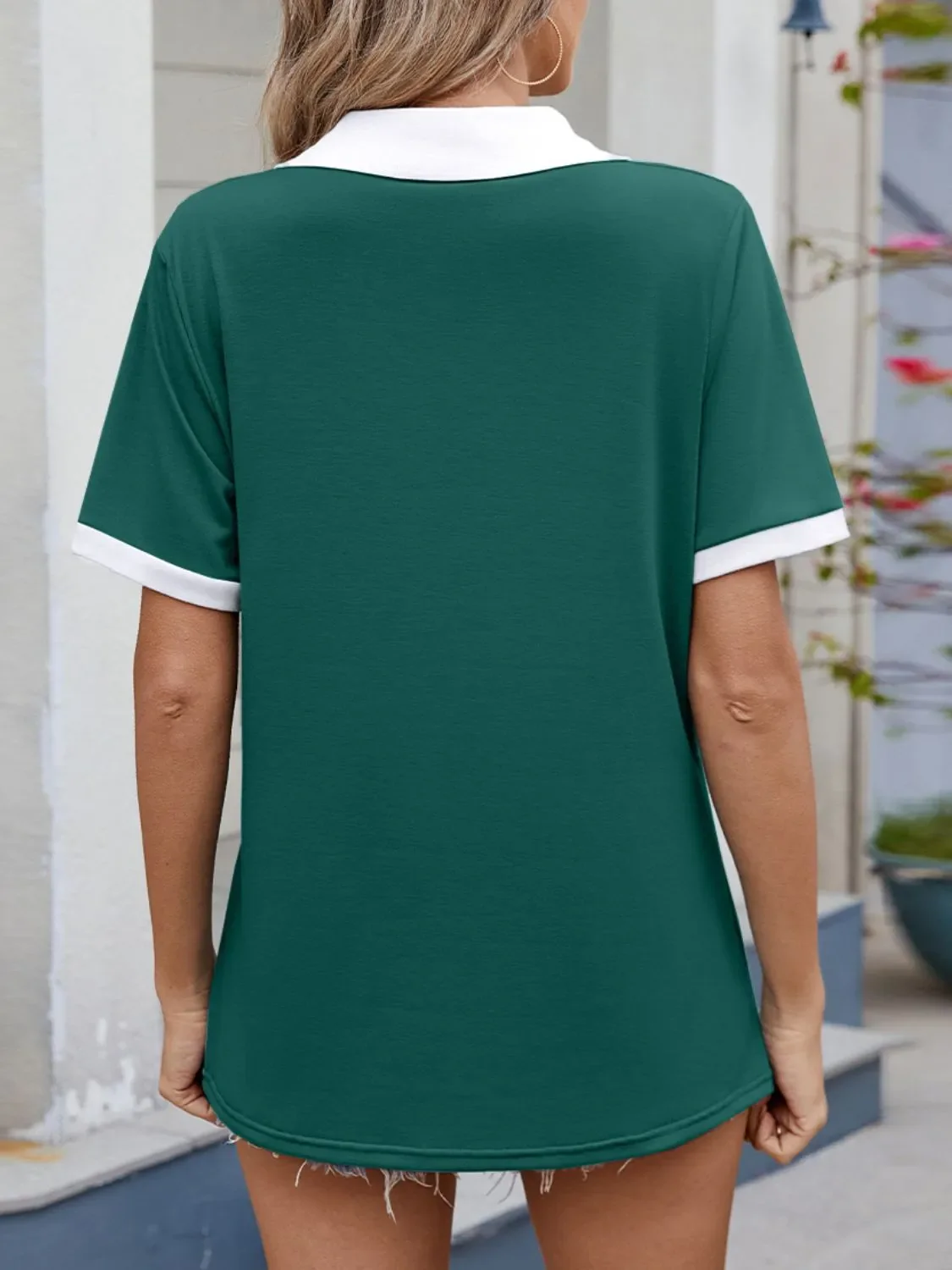 Contrast Trim Collar Short Sleeve Casual T-Shirt - Image 9
