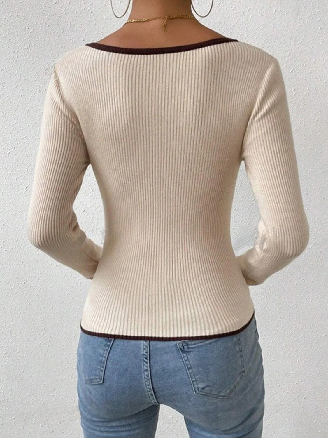 Contrast Trim Long Sleeve Knit Top - Image 2