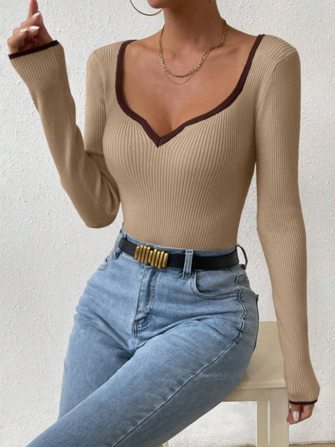 Contrast Trim Long Sleeve Knit Top - Image 7