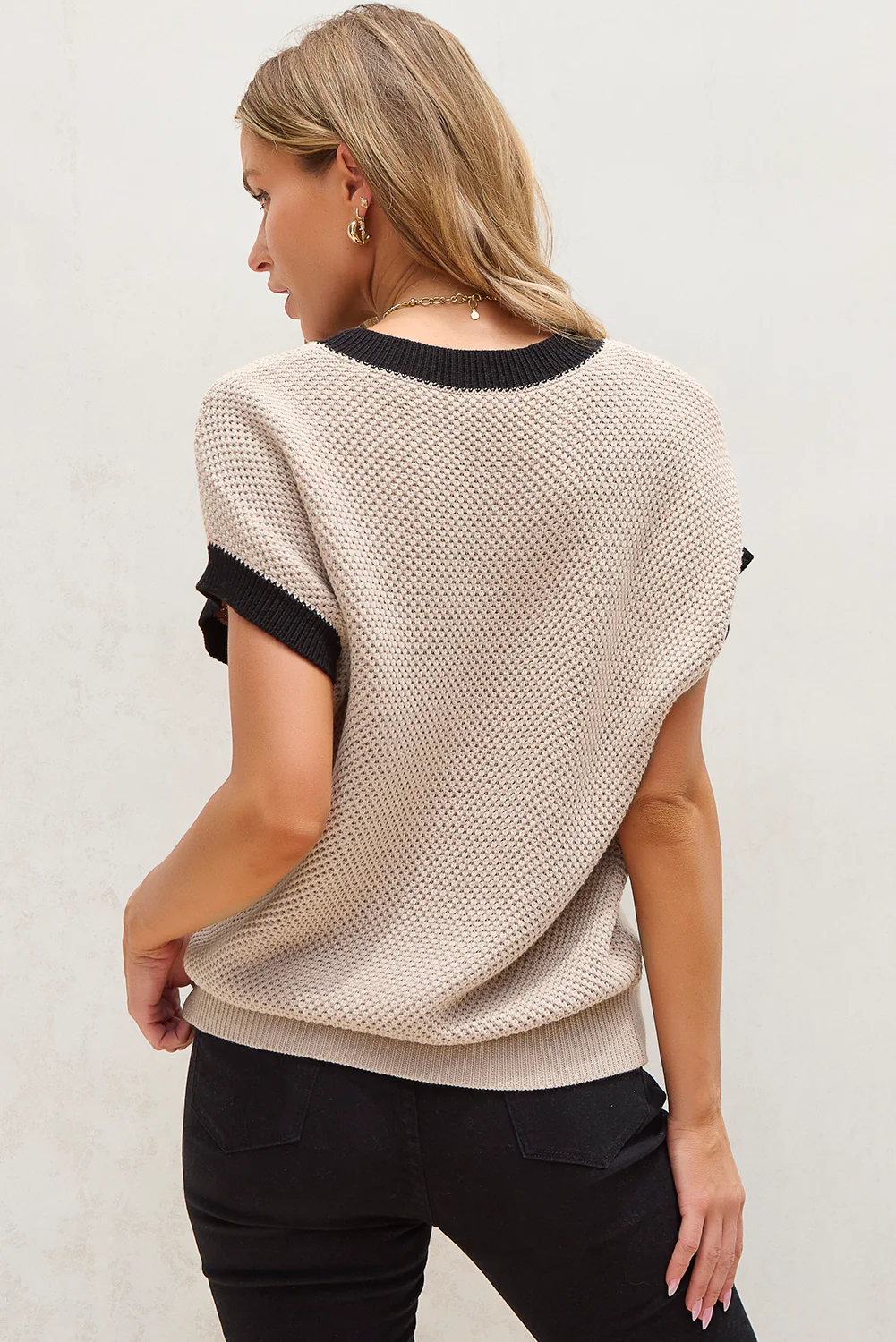 Contrast Trim Round Neck Cap Sleeve Knit Top - Image 4