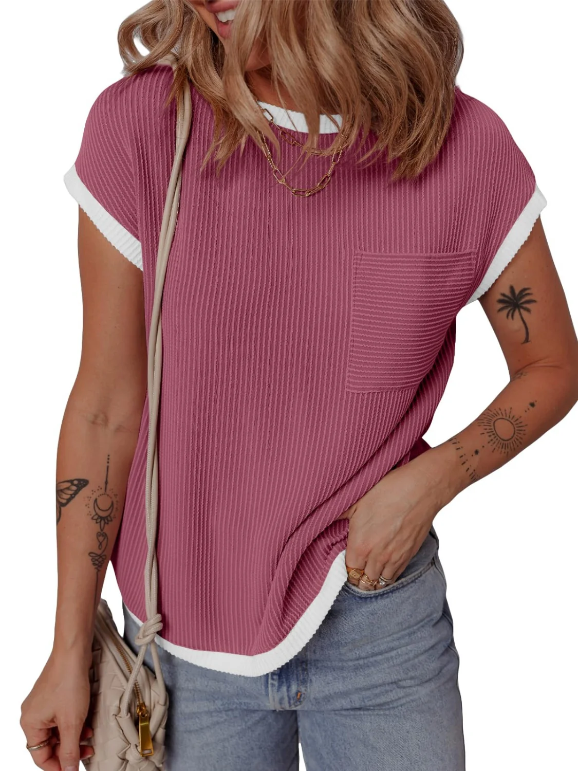 Contrast Trim Round Neck Short Sleeve T-Shirt - Image 25