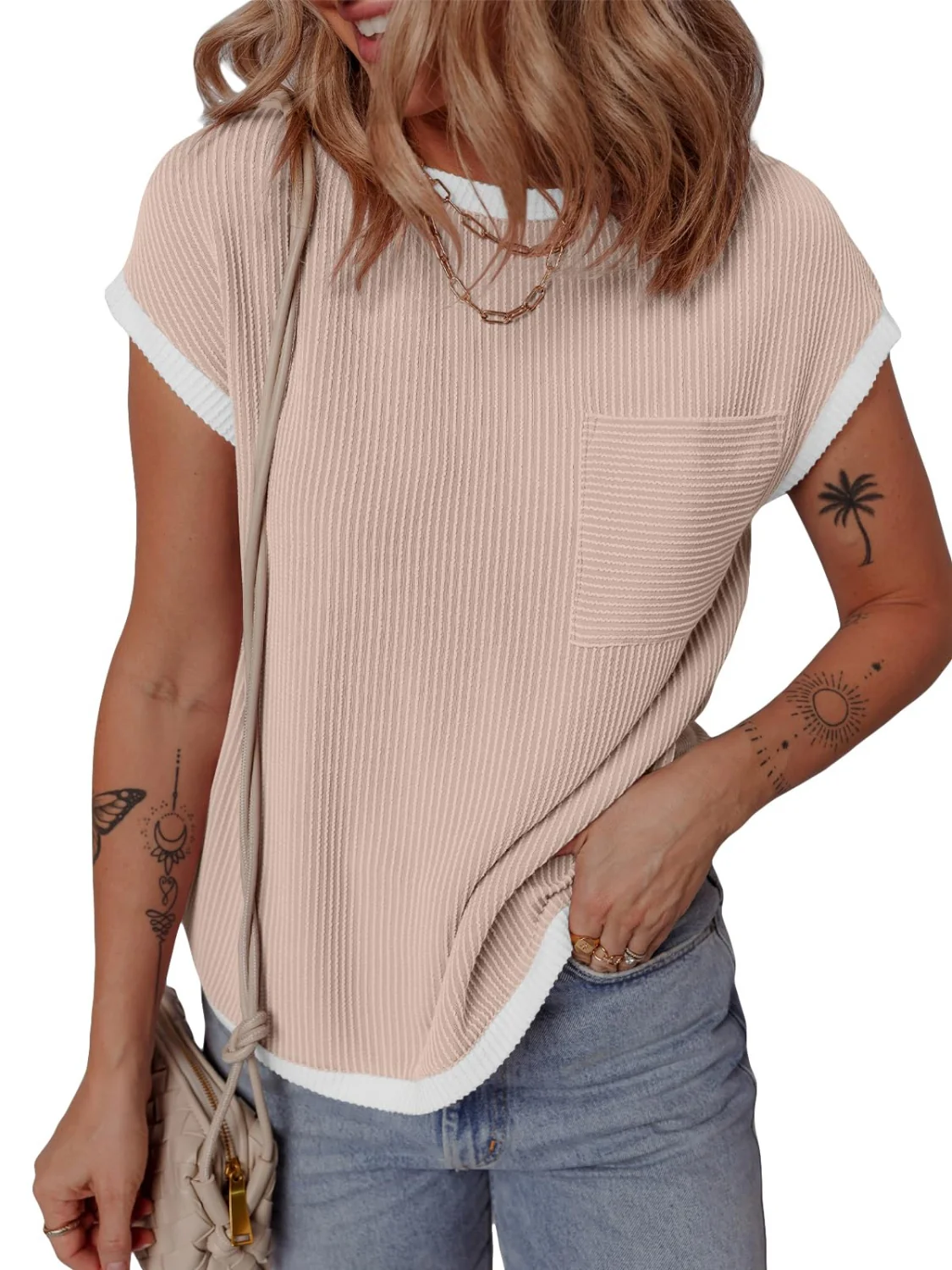 Contrast Trim Round Neck Short Sleeve T-Shirt - Image 30