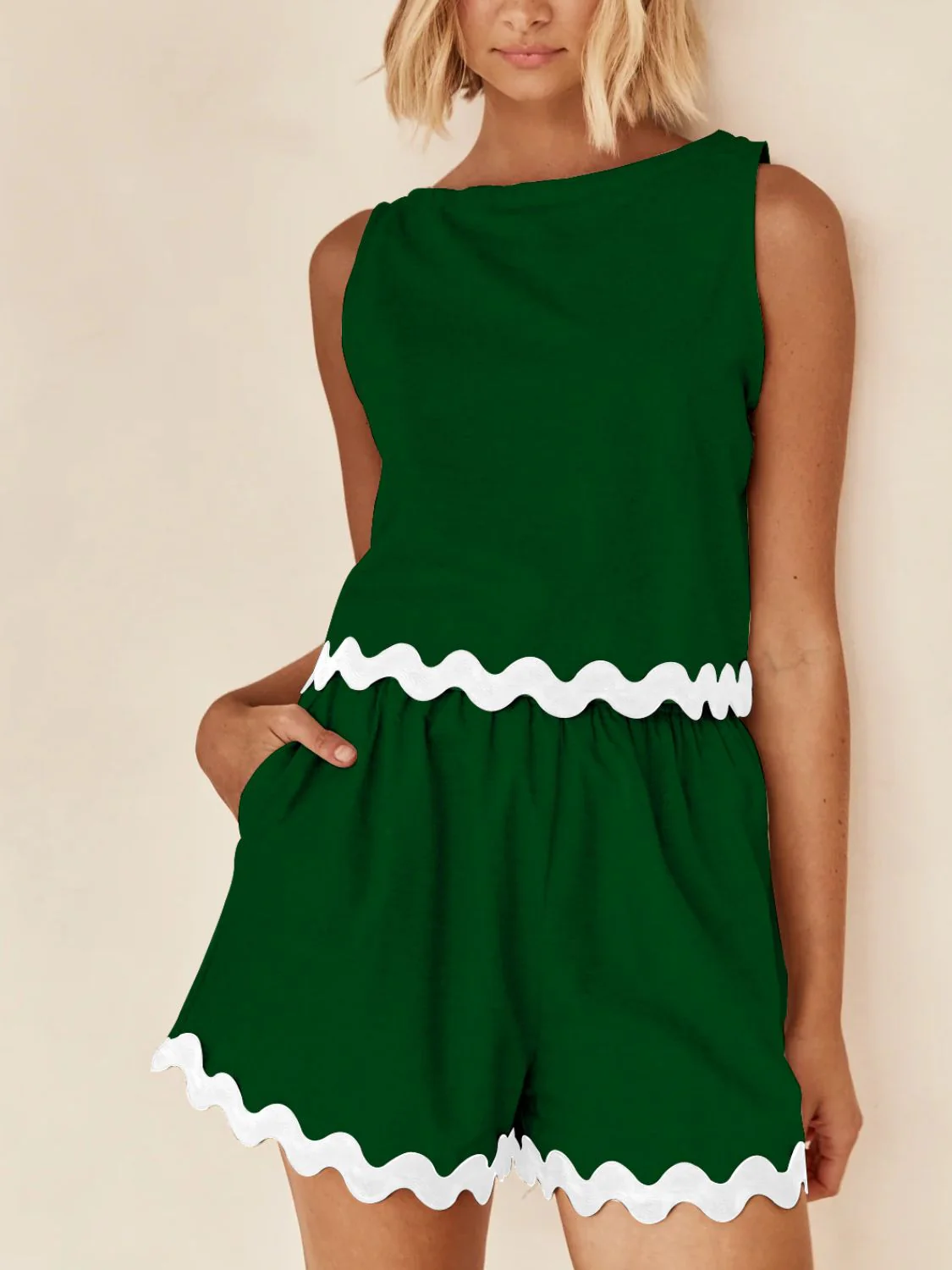 Contrast Trim Round Neck Tank and Shorts Set - Image 16