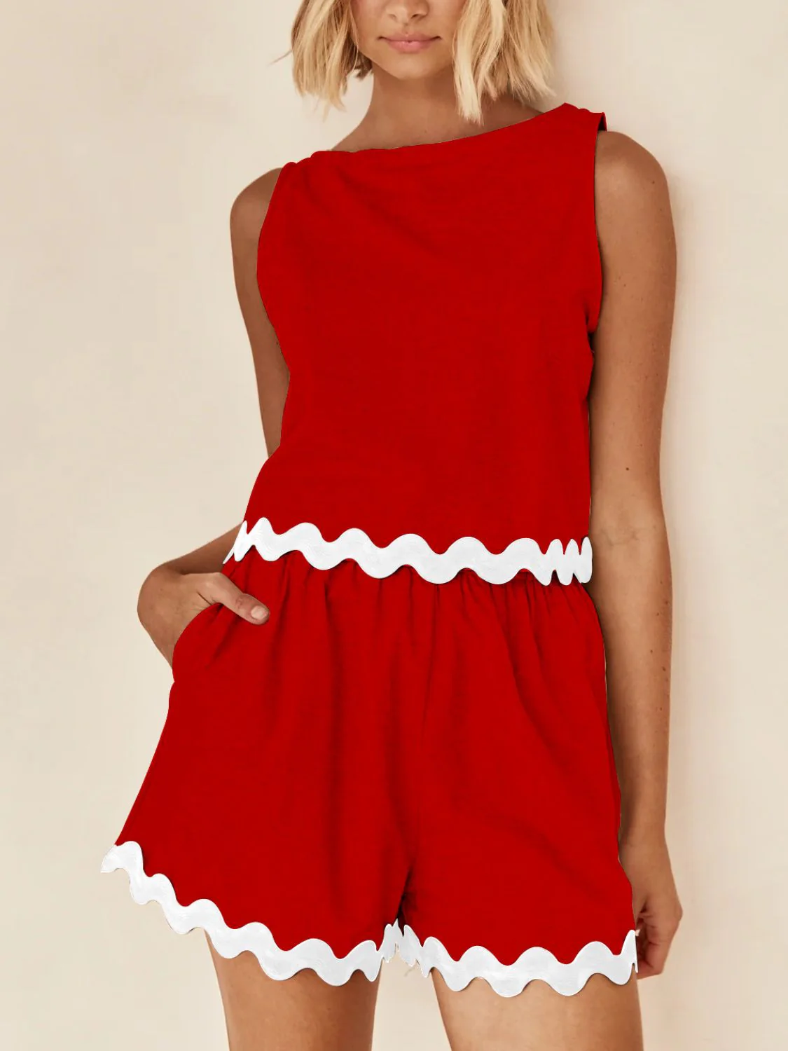 Contrast Trim Round Neck Tank and Shorts Set - Image 6
