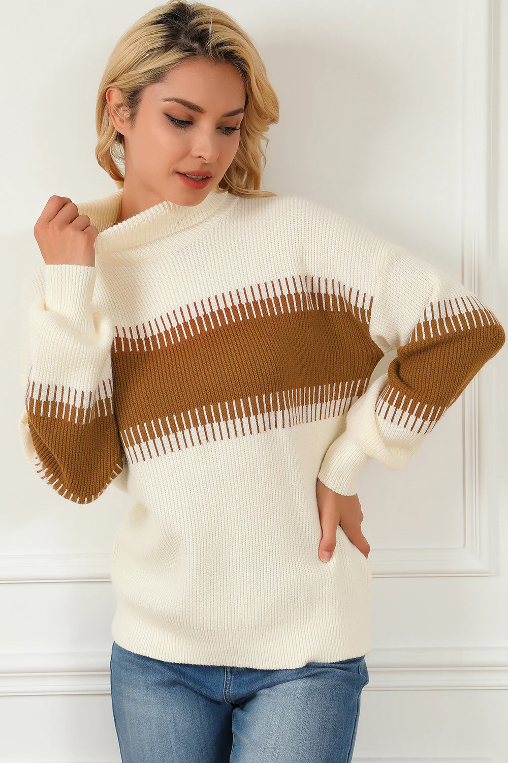 Contrast Turtleneck Long Sleeve Sweater - Image 4