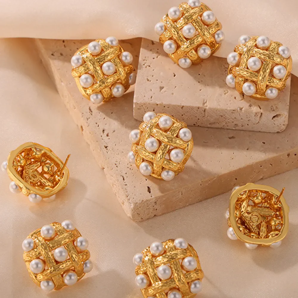 Copper Shell Pearl Stud Earrings - Image 4