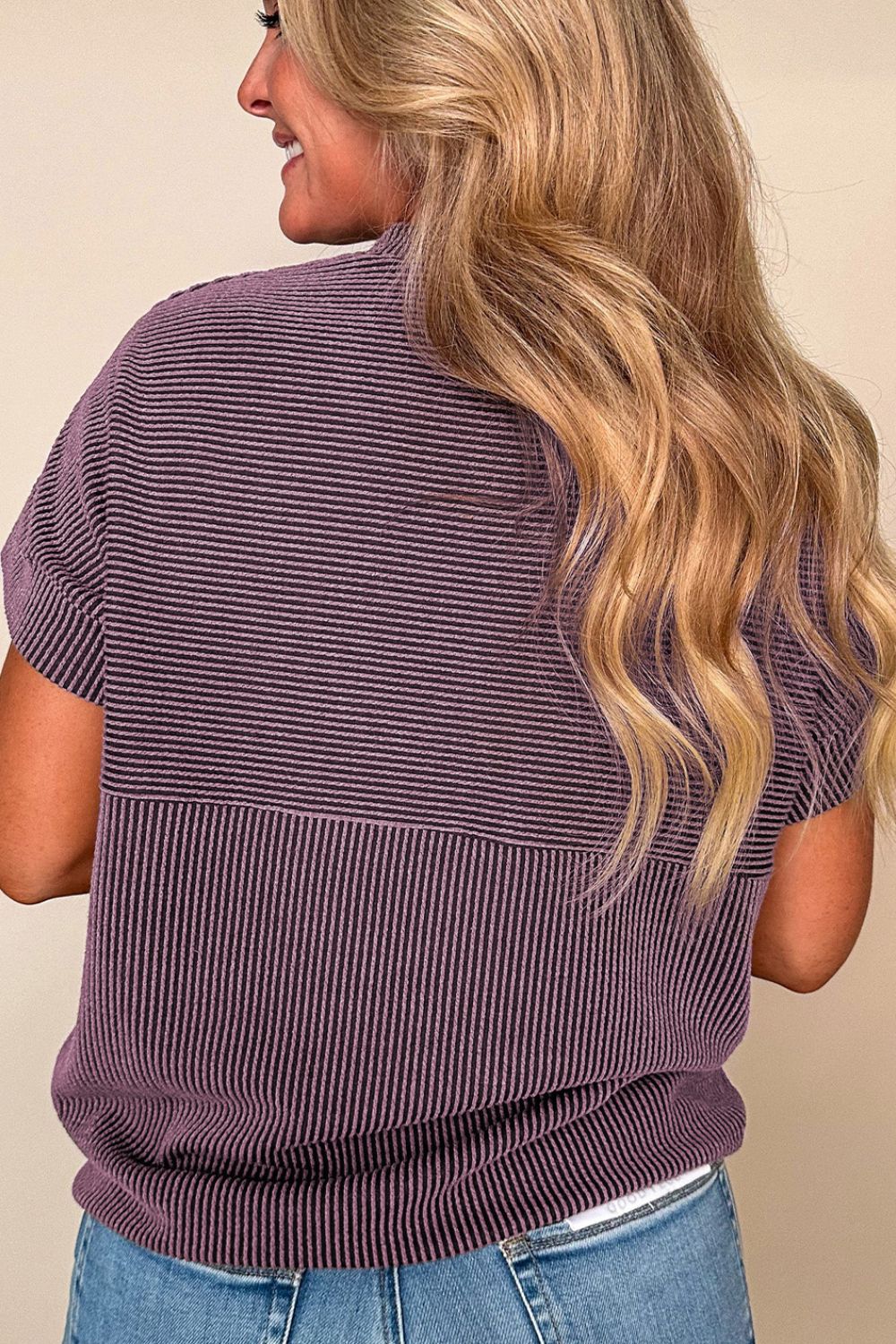 Corded Knit Mock Neck Short Sleeve T Shirt - Image 2