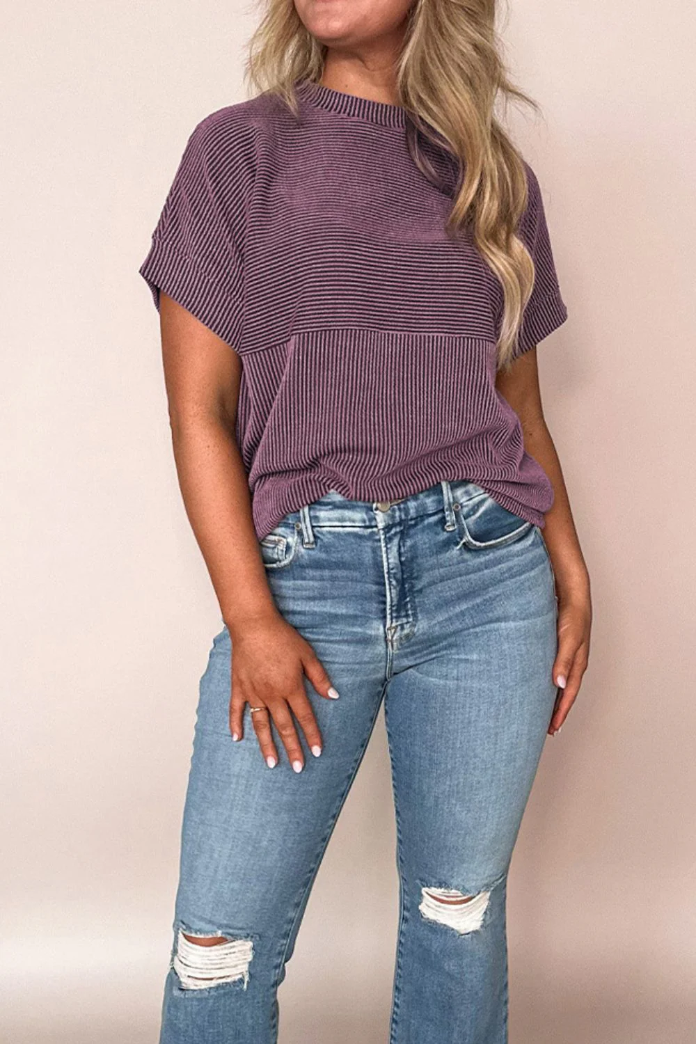 Corded Knit Mock Neck Short Sleeve T Shirt - Image 3