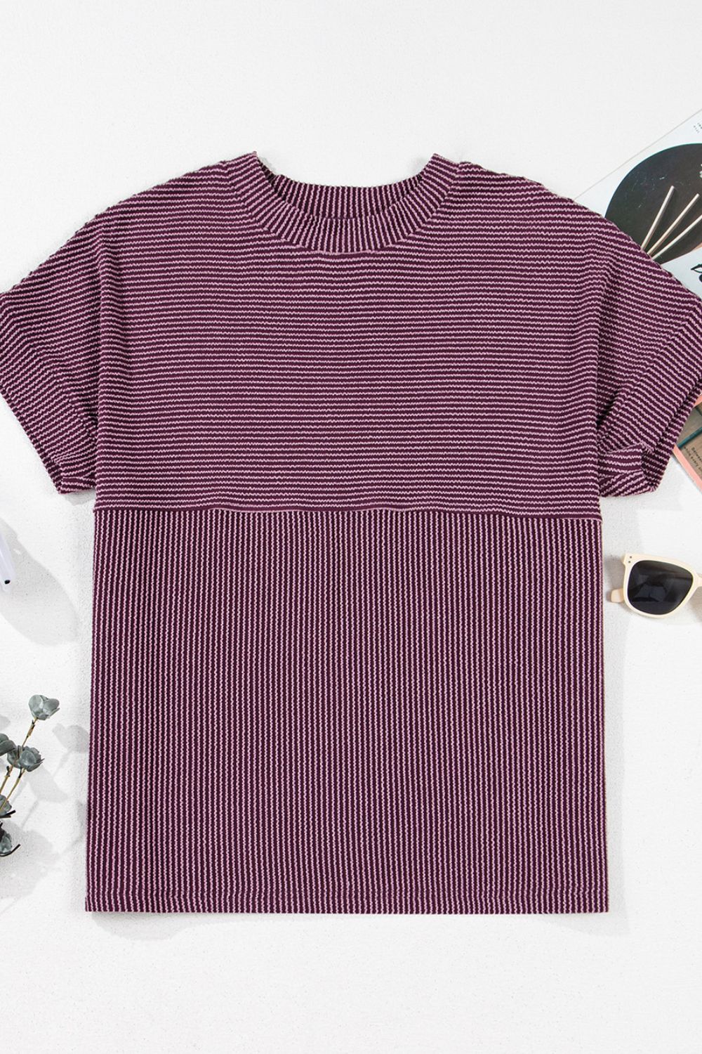 Corded Knit Mock Neck Short Sleeve T Shirt - Image 4