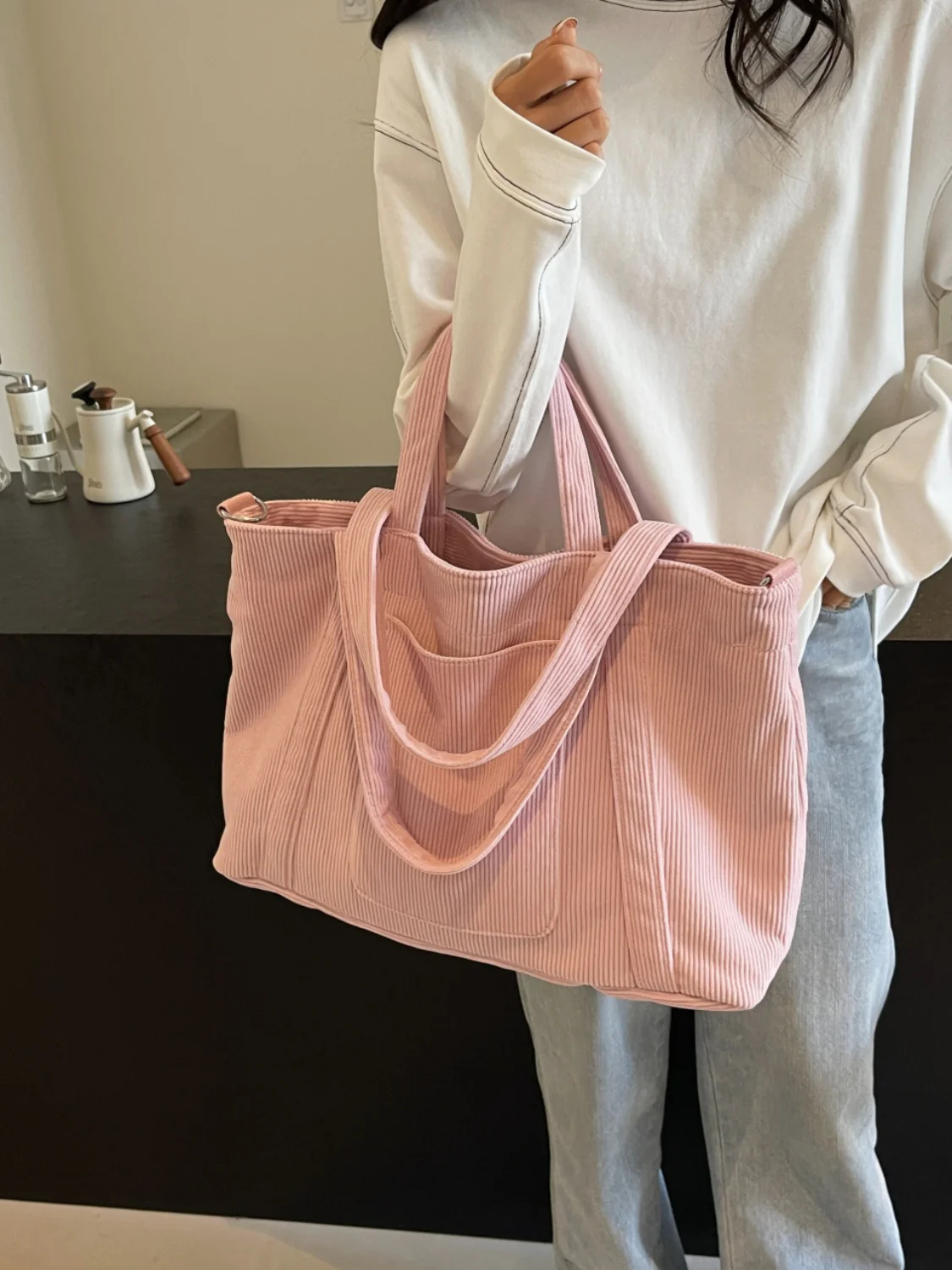 Corduroy Solid Large Tote Bag - Image 5