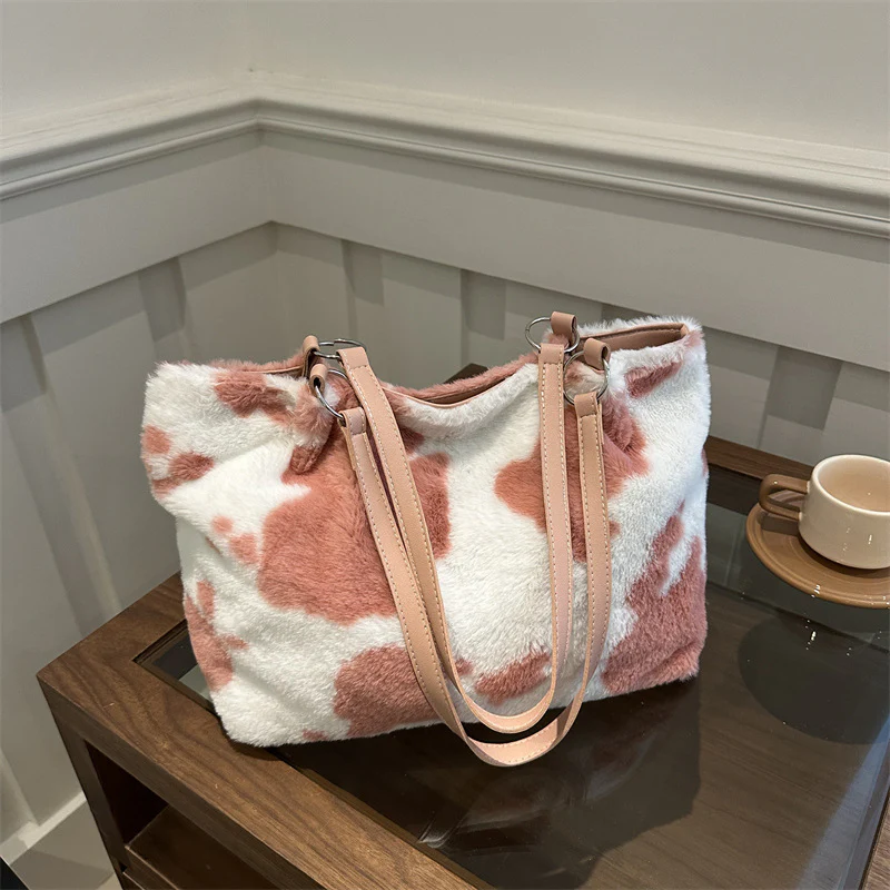 Cow Print Furry Tote Bag - Image 15