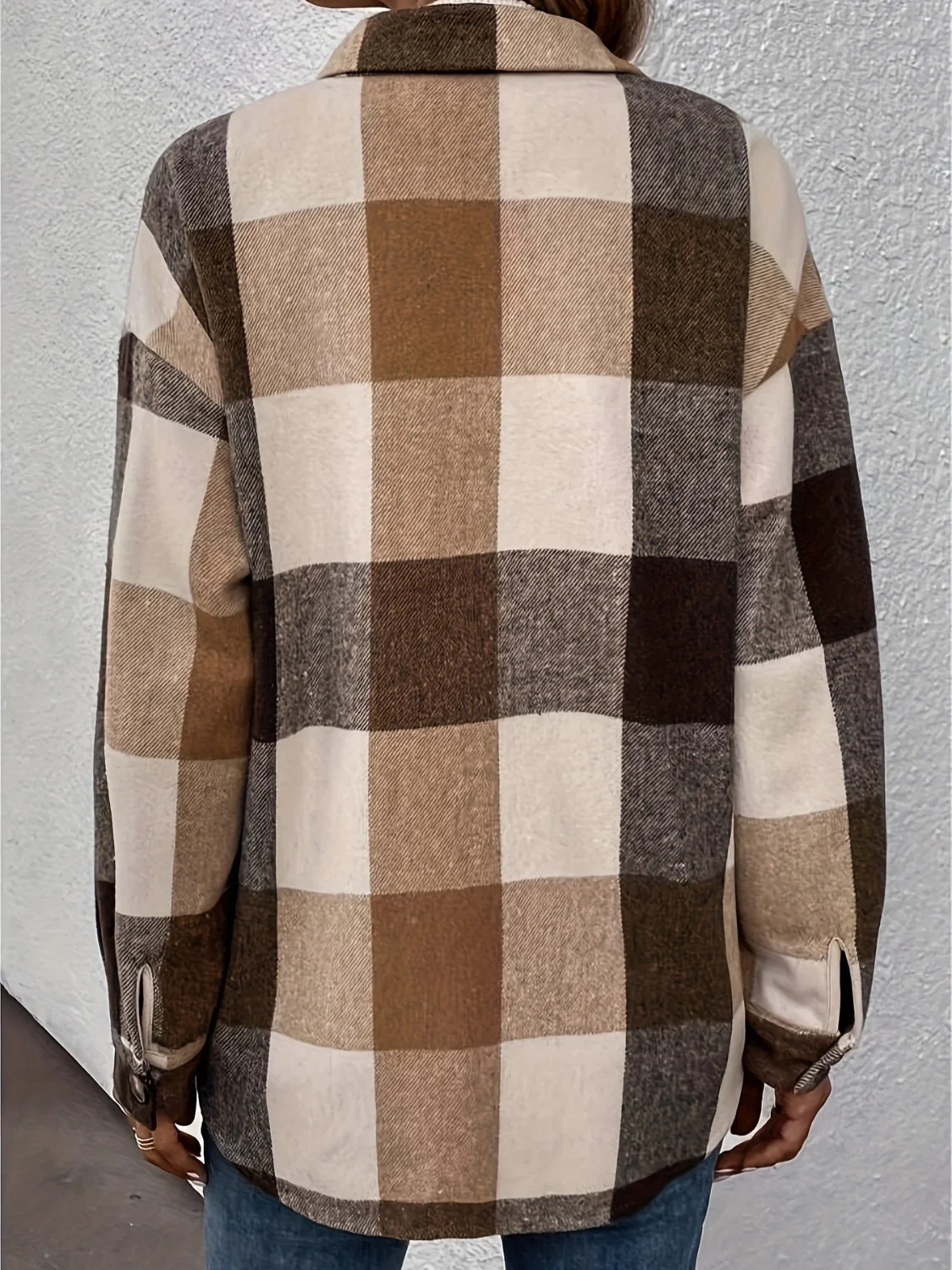 Curved Hem Plaid Collared Neck Shacket - Image 3
