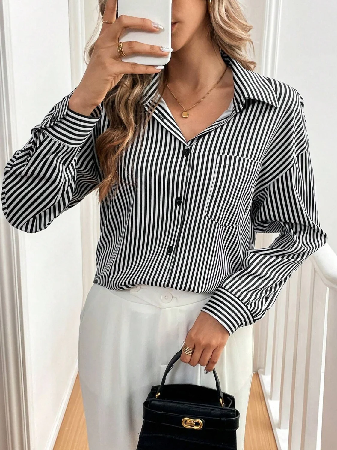 Cutout Bow Back Striped Collared Neck Long Sleeve Shirt - Image 2