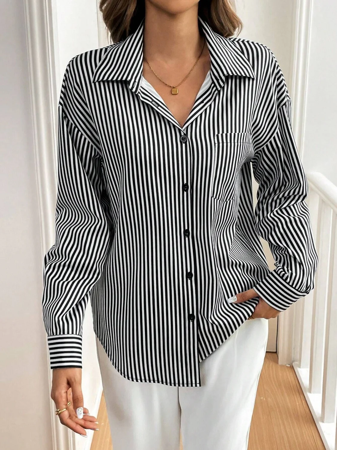 Cutout Bow Back Striped Collared Neck Long Sleeve Shirt - Image 3