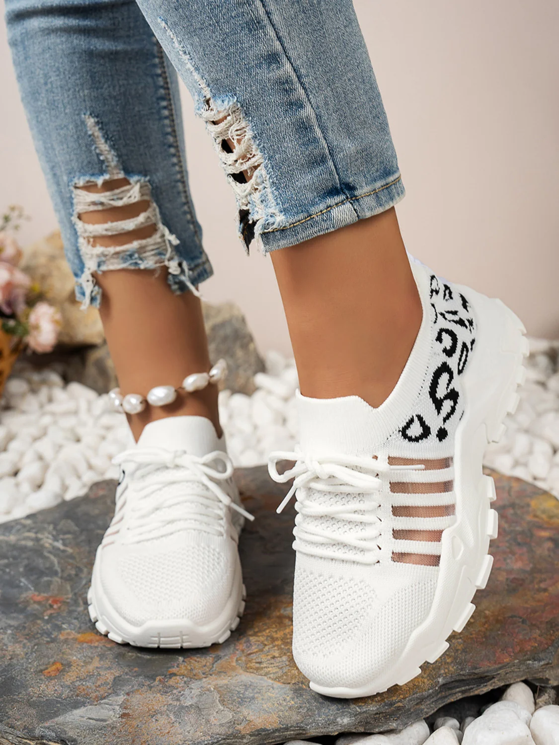 Cutout Leopard Lace Up Mesh Athletic Sneakers - Image 11