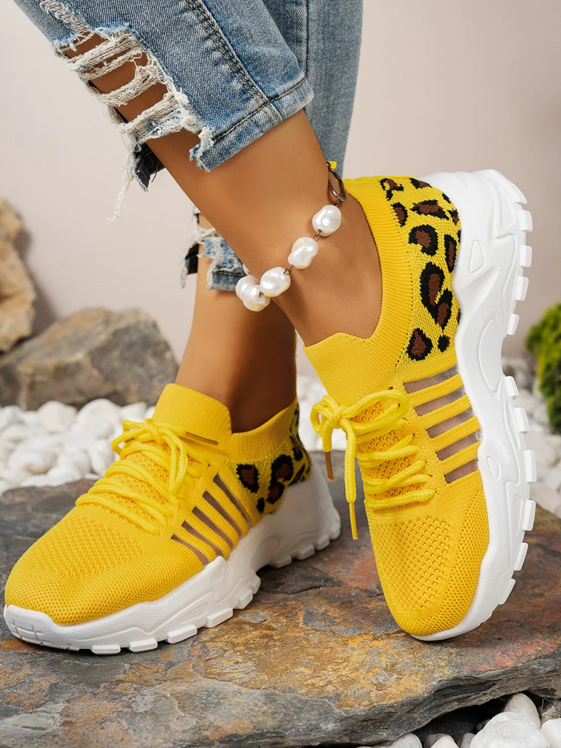 Cutout Leopard Lace Up Mesh Athletic Sneakers - Image 14