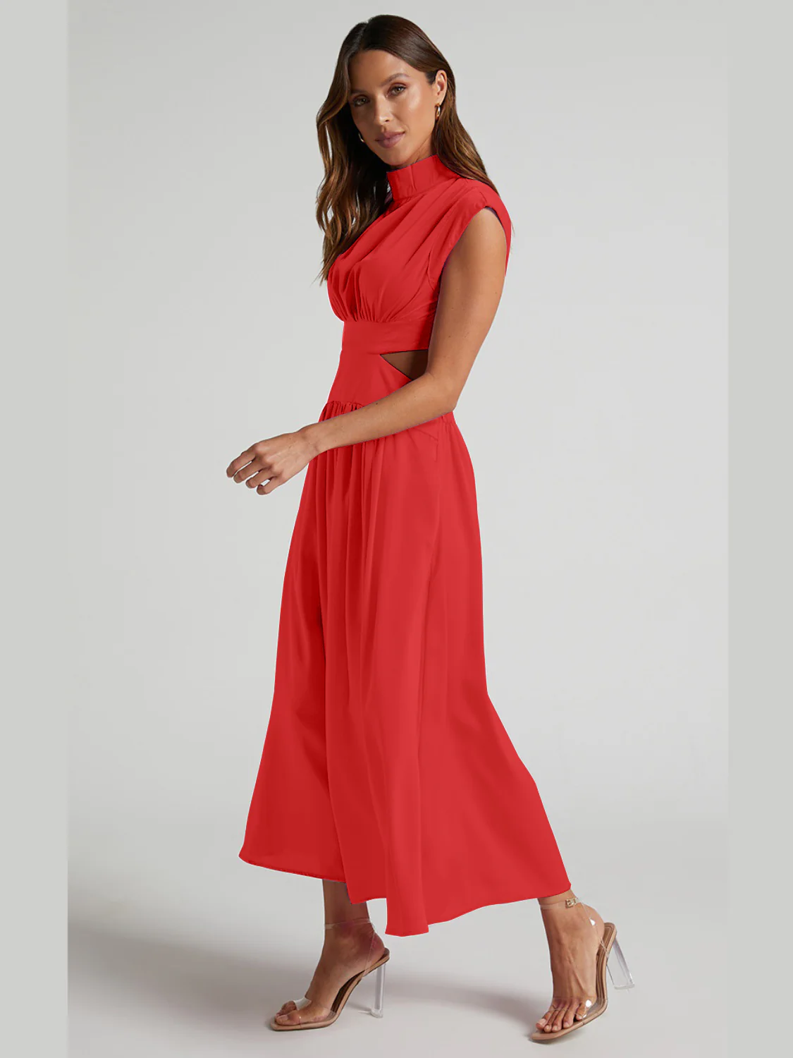 Cutout Mock Neck Sleeveless Ruched Dress - Image 11