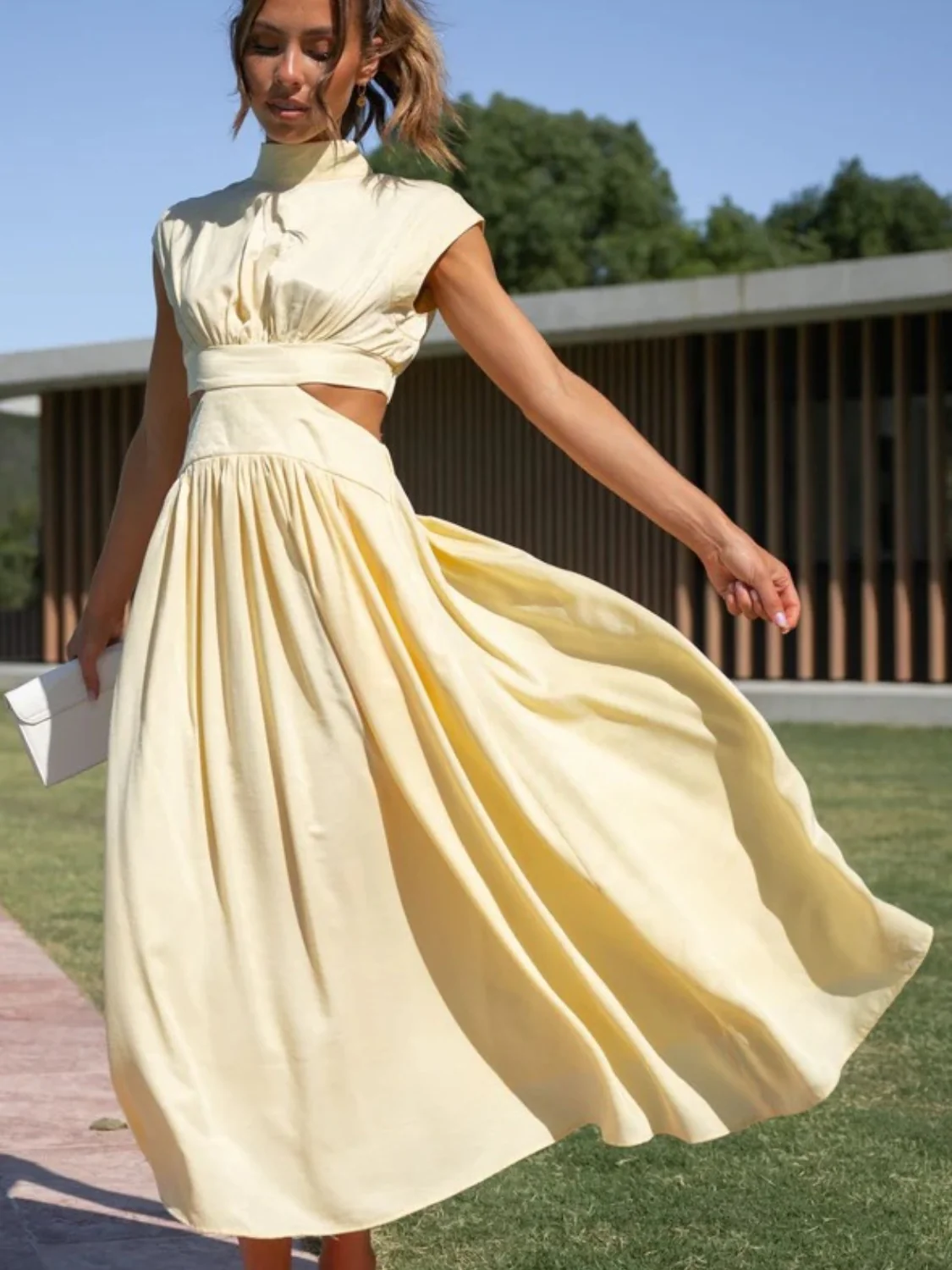 Cutout Mock Neck Sleeveless Ruched Dress - Image 25