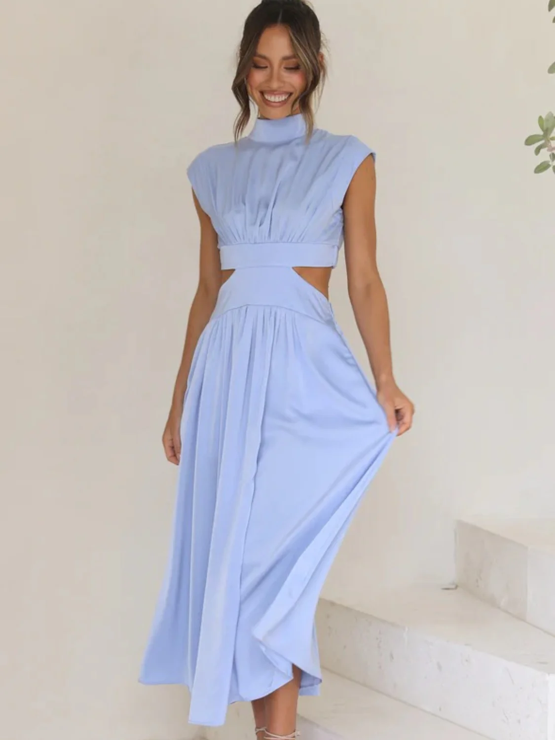 Cutout Mock Neck Sleeveless Ruched Dress - Image 4