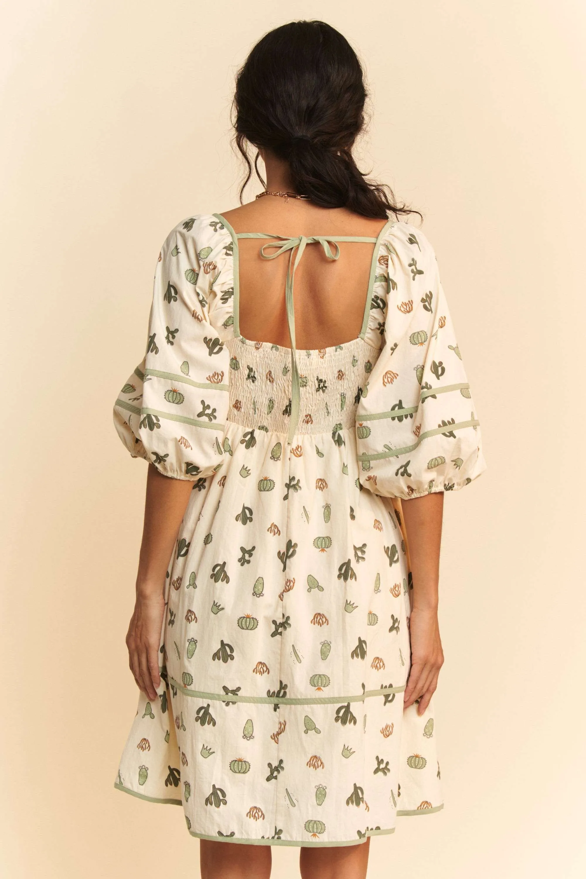 Davi & Dani Cactus Printed Poplin Contrast Piping Mini Dress - Image 7