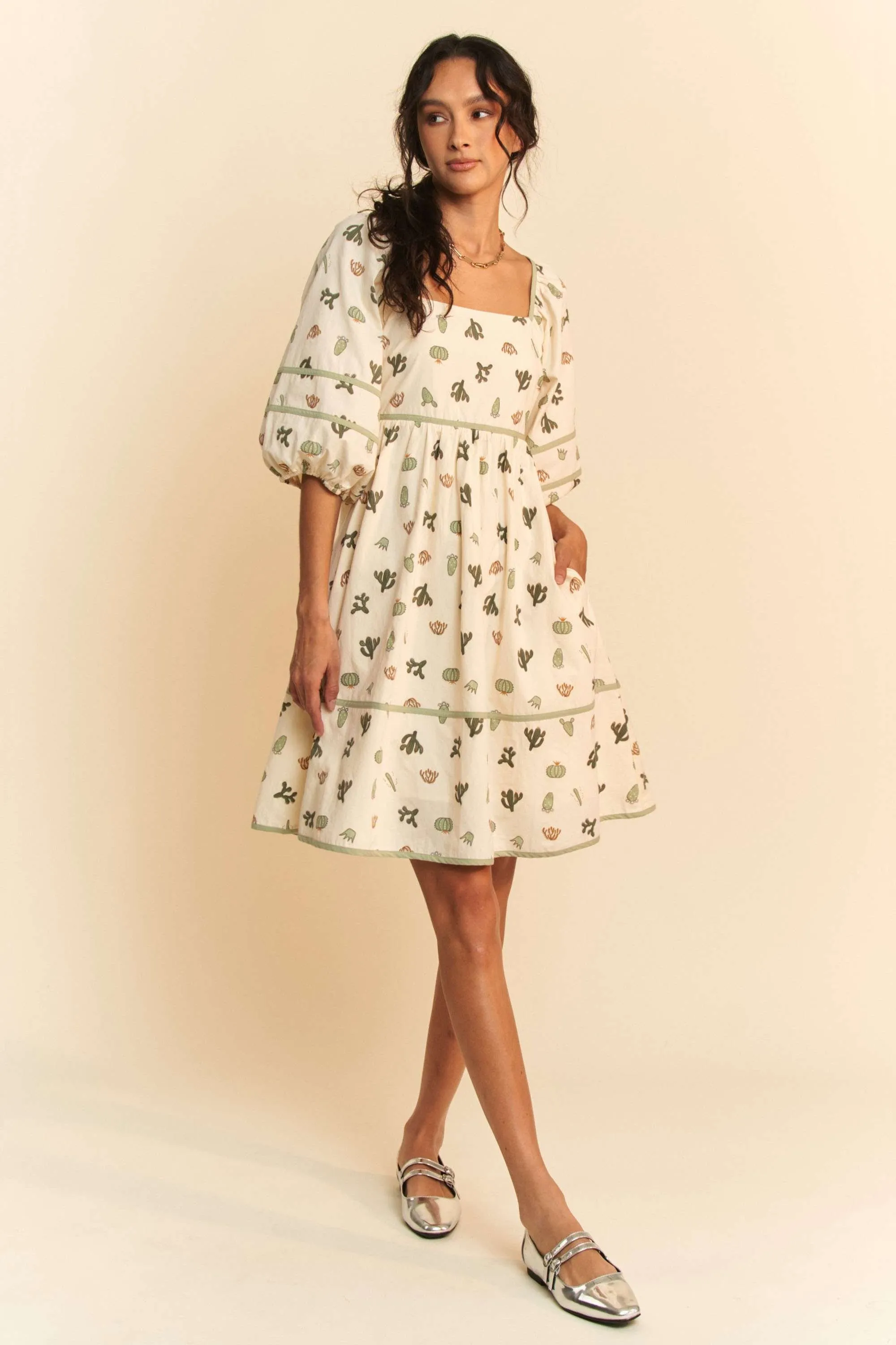 Davi & Dani Cactus Printed Poplin Contrast Piping Mini Dress - Image 8