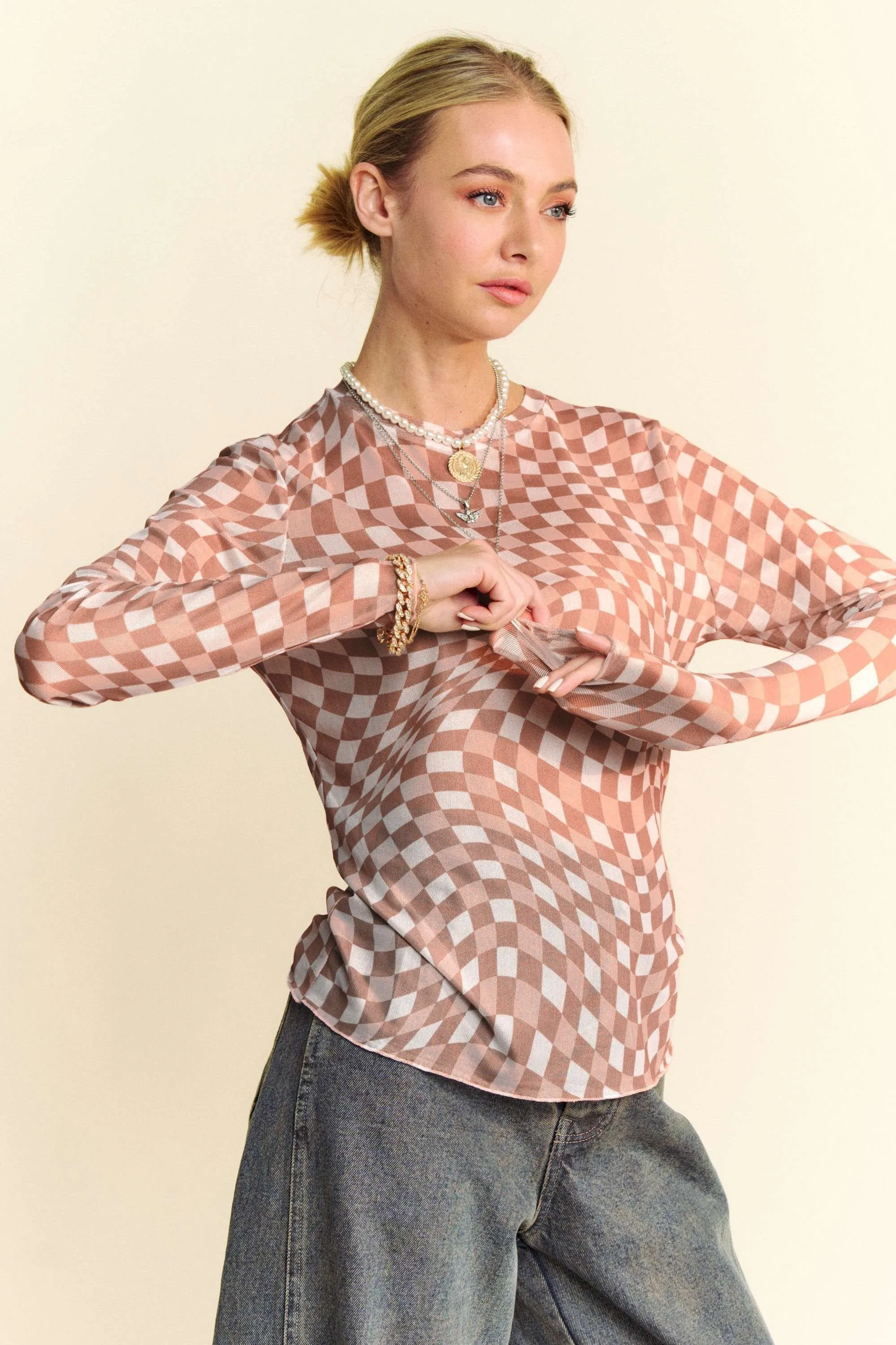 Davi & Dani Checker Board Mesh Long Sleeve Layering Top - Image 2
