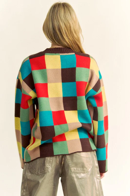 Davi & Dani Color Block Checkered Dropped Shoulder Sweater - Image 2