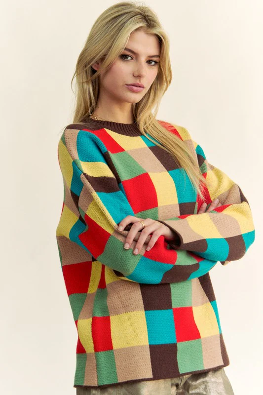 Davi & Dani Color Block Checkered Dropped Shoulder Sweater - Image 6