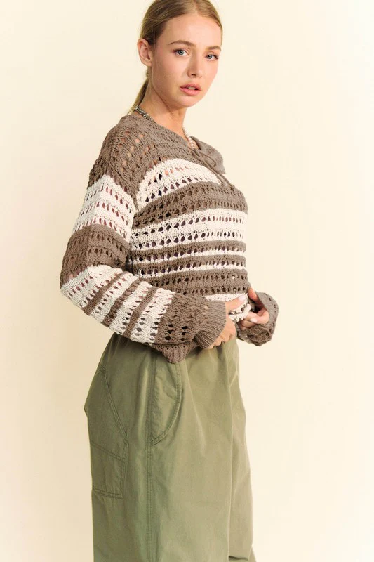Davi & Dani Contrast Striped Crochet Drop Shoulder Knit Cover Up - Image 3