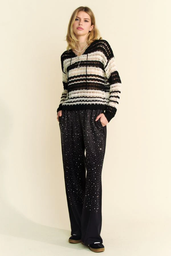 Davi & Dani Contrast Striped Crochet Drop Shoulder Knit Cover Up - Image 5