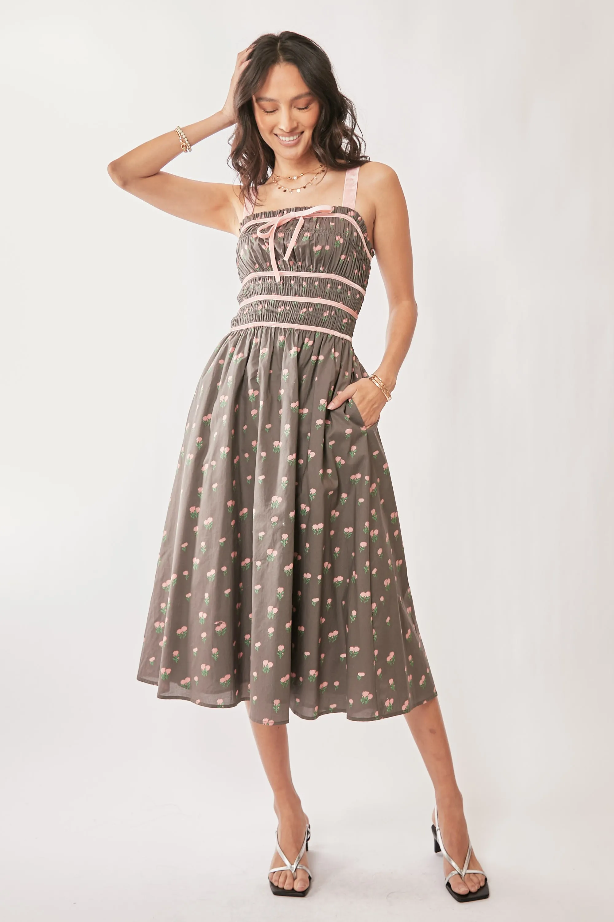 Davi & Dani Contrast Velvet Tape Smocking Bodice Midi Dress