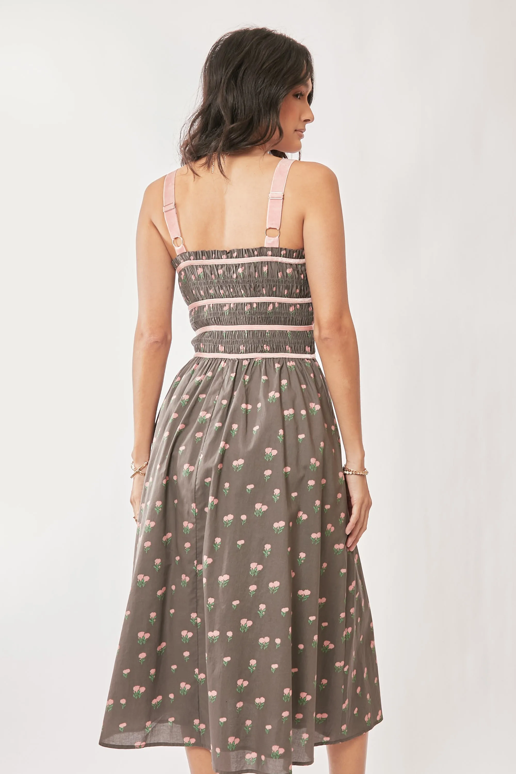 Davi & Dani Contrast Velvet Tape Smocking Bodice Midi Dress - Image 10