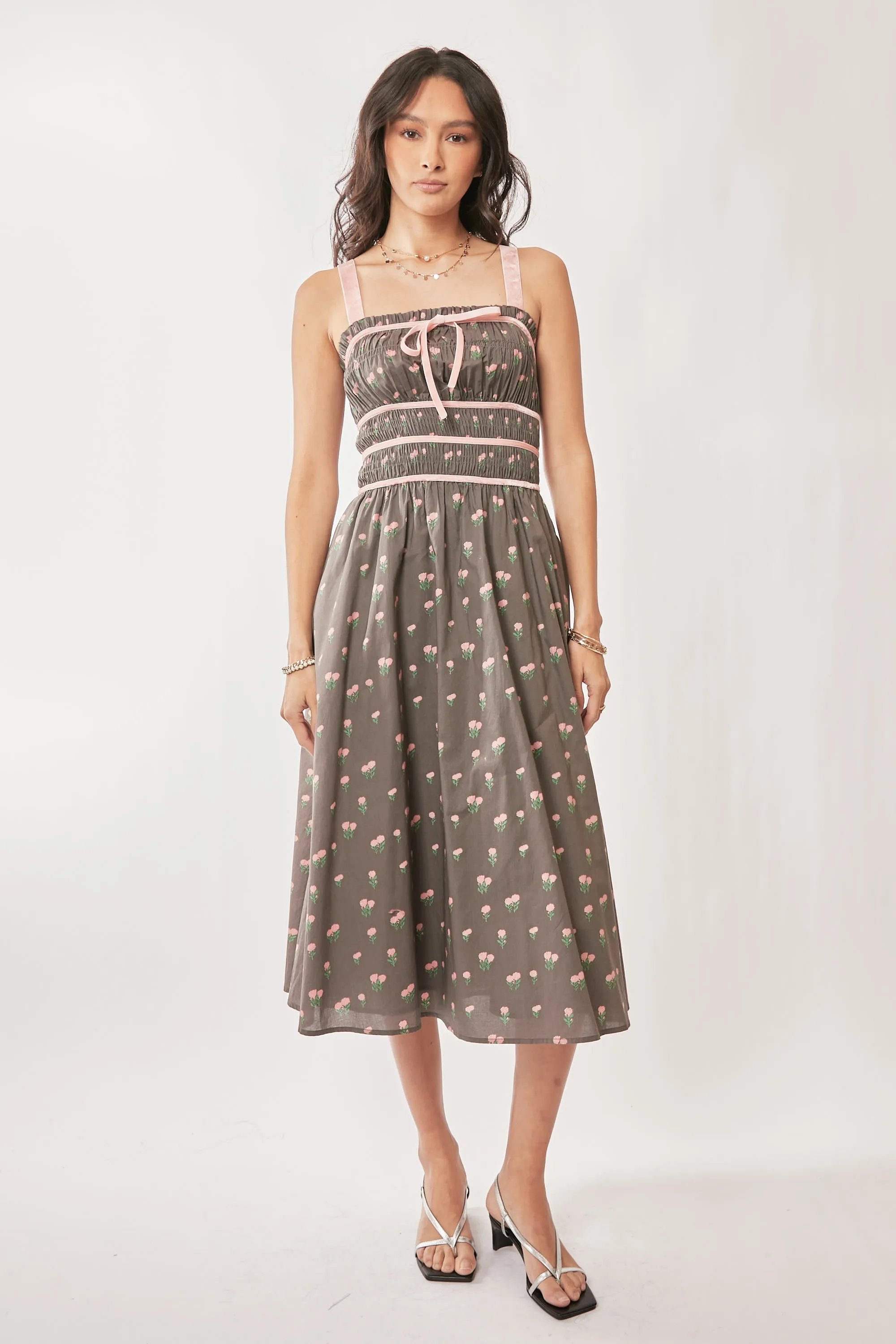Davi & Dani Contrast Velvet Tape Smocking Bodice Midi Dress - Image 2